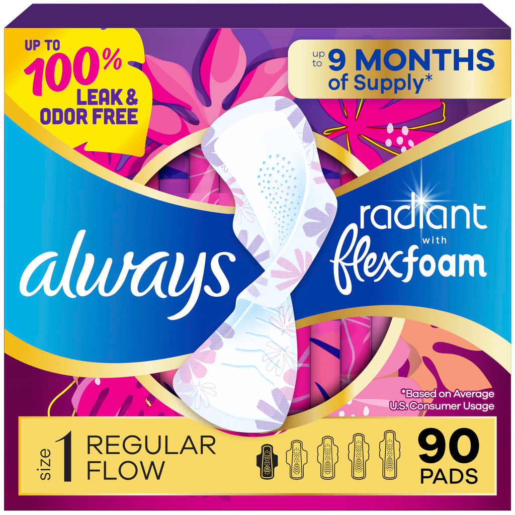 Always Radiant Feminine Pads for Women, Flexfoam Pads with Wings, Size 1, Regular Absorbency, Lightly Scented, 90 Count (3 Packs