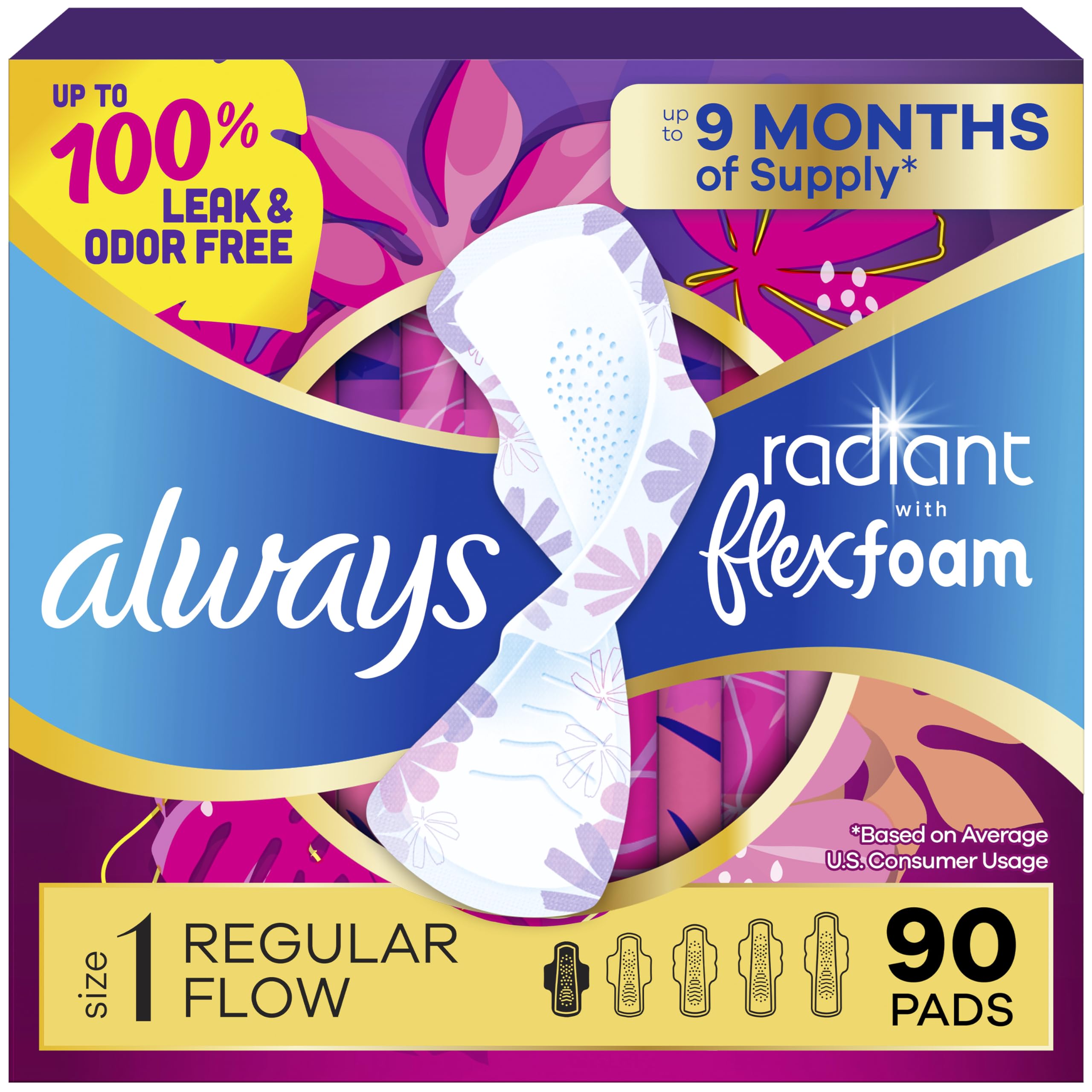 Always Radiant Feminine Pads for Women, Flexfoam Pads with Wings, Size 1, Regular Absorbency, Lightly Scented, 90 Count (3 Packs