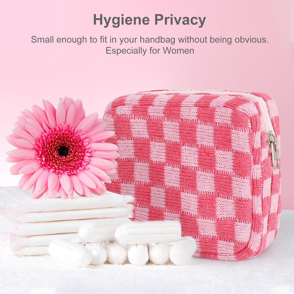 CekPo Sanitary Napkin Storage Bag, Menstrual Pad Zipper Bag Checkered Portable Period Bag Panty Liners, Tampon Storage Pouch for