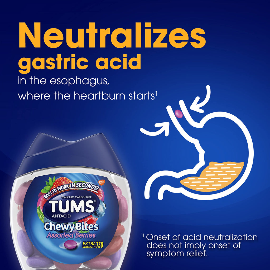 TUMS Chewy Bites Antacid Tablets for Chewable Heartburn & Acid Indigestion Relief, Assorted Berries, 32 Count