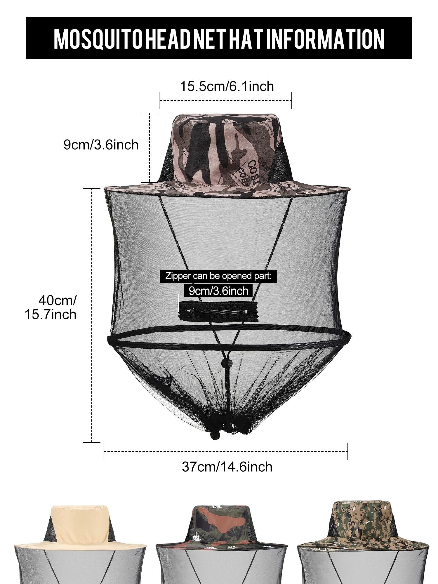 4 Pieces Mosquito Net Hat Mesh Sun Bug Face Hat Cover with Zipper Foldable Fly Protection Net Mesh for Fishing Hiking Gardening,