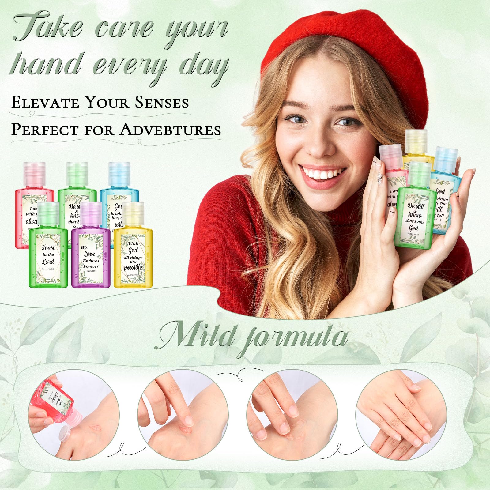 Gejoy 48 Pack Eucalyptus Leaf Christian Hand Sanitizer Bulk Bible Verse Mini Hand Sanitizer Travel Size Religious Gift Christian