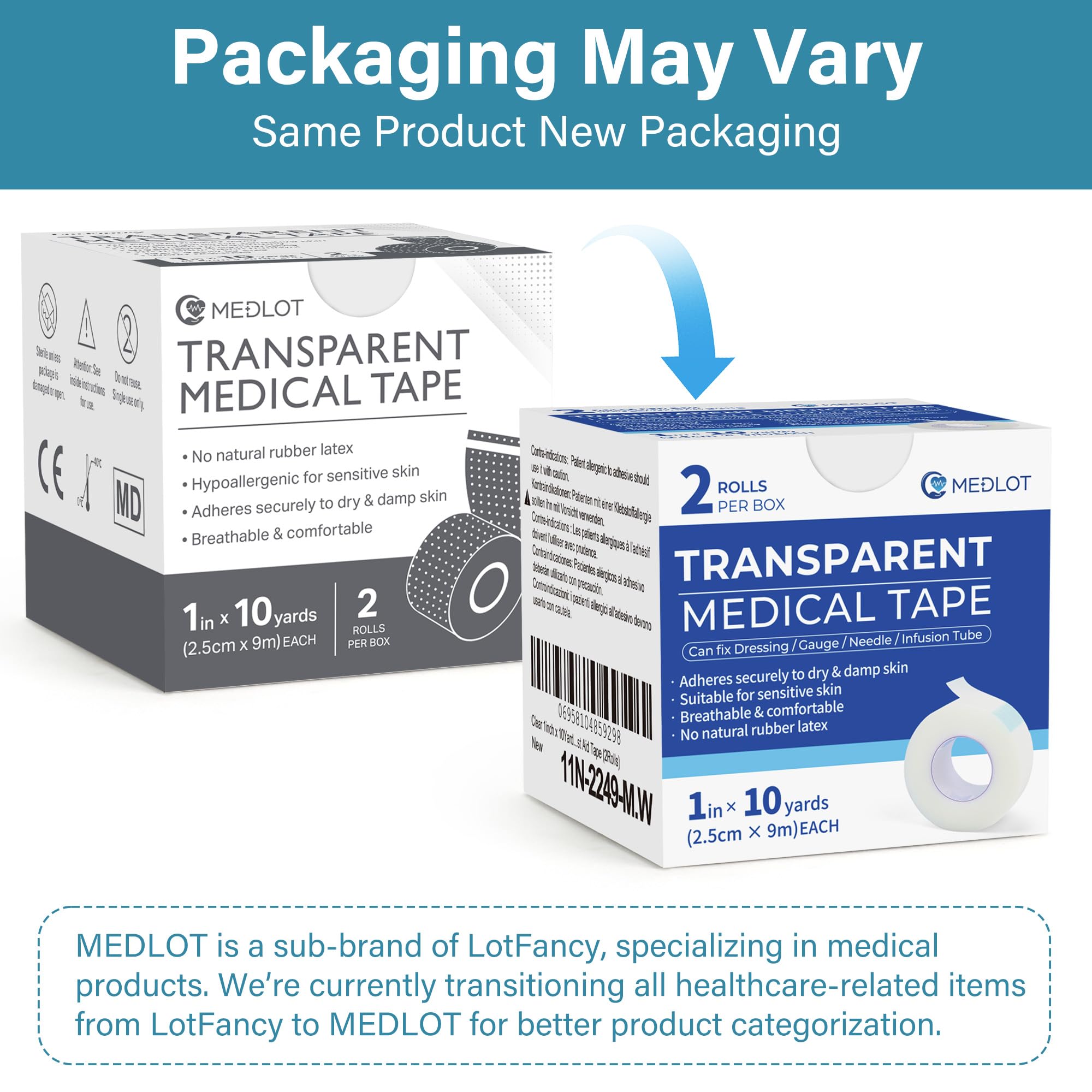 LotFancy Transparent Medical Tape 2 Rolls - 1 x 10 Yd, Adhesive Clear Hypoallergenic Surgical Tape, PE First Aid Tape for Wound,