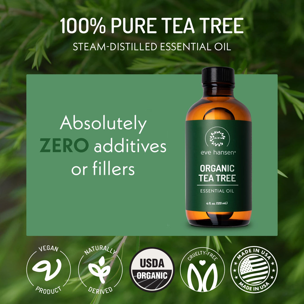 Eve Hansen Organic Tea Tree Essential Oil (2oz) | 100% Melaleuca Alternifolia Pure Tea Tree Oil for Skin, Scalp, Nails, Cuticles