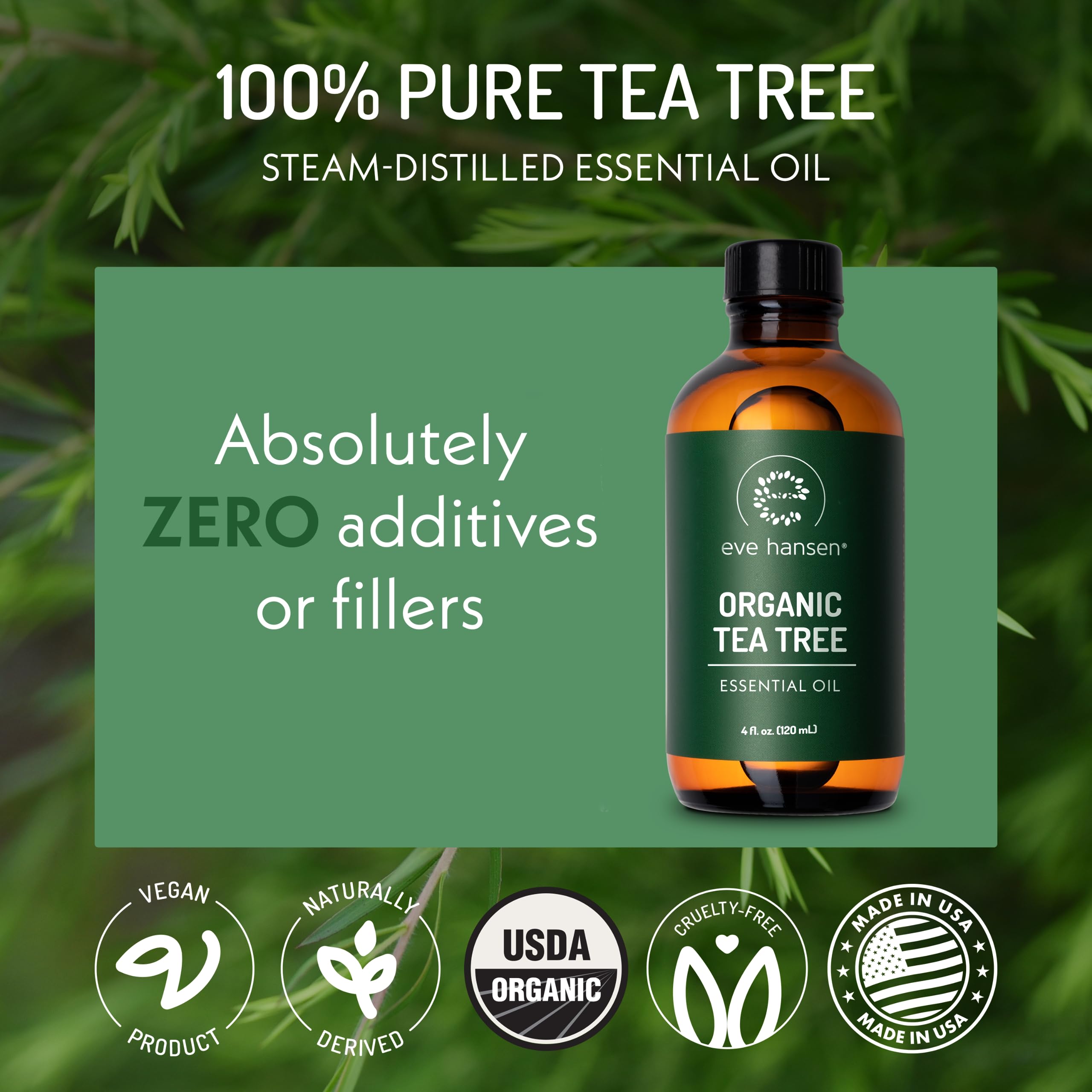 Eve Hansen Organic Tea Tree Oil (4oz) | Melaleuca Alternifolia | Pure Tea Tree Essential Oil for Skin, Scalp, Nails and Aromathe