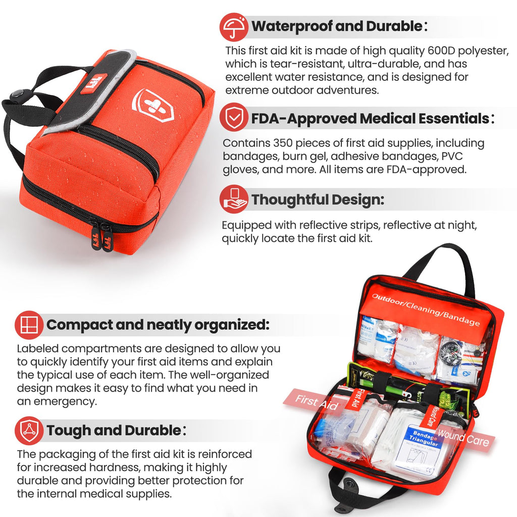 First Aid Kit for Car, 350 Piece Survival Gear and Supplies for Car Home Travel Hiking, First Aid Kit Survival Kit, Waterproof E