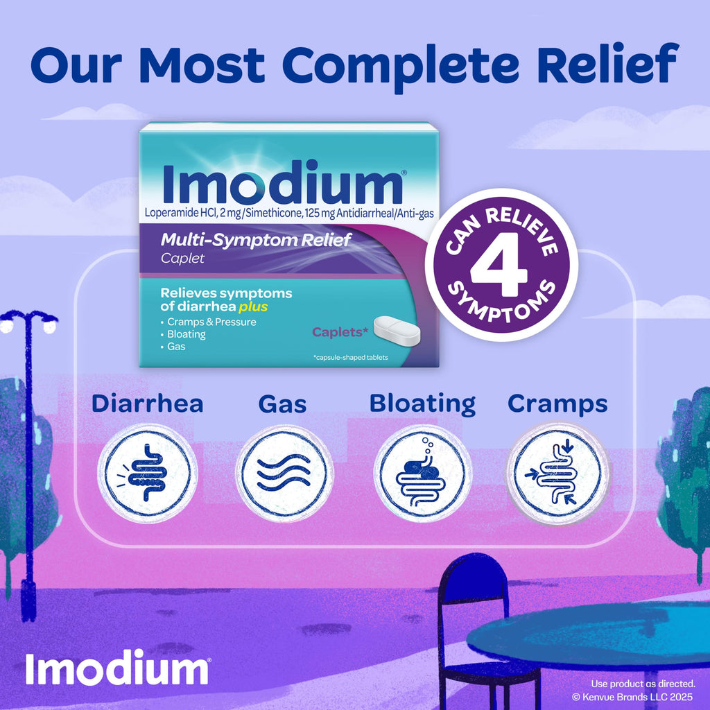 Imodium Multi-Symptom Relief Caplets, Loperamide Hydrochloride & Simethicone Anti-Diarrheal Medicine for The Relief of Diarrhea,