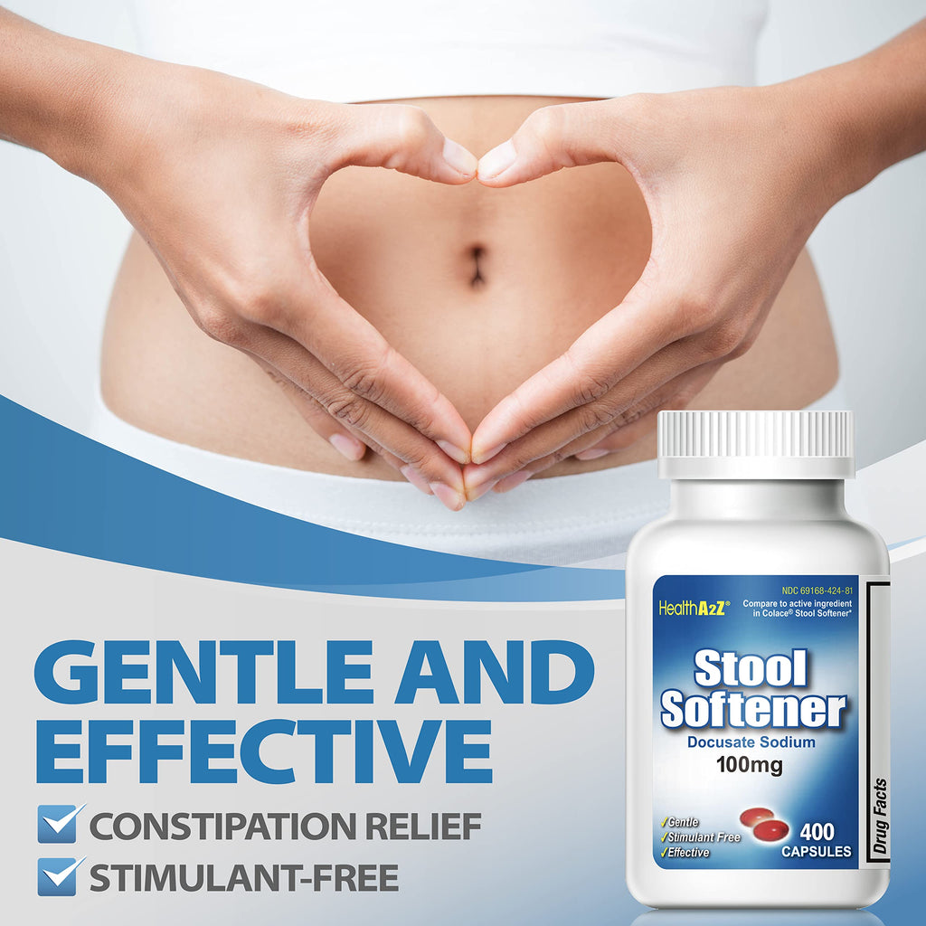 HealthA2Z? Stool Softener | Docusate Sodium 100mg | Red Capsules | Dependable | Gentle Constipation Relief (400 Counts (Pack of