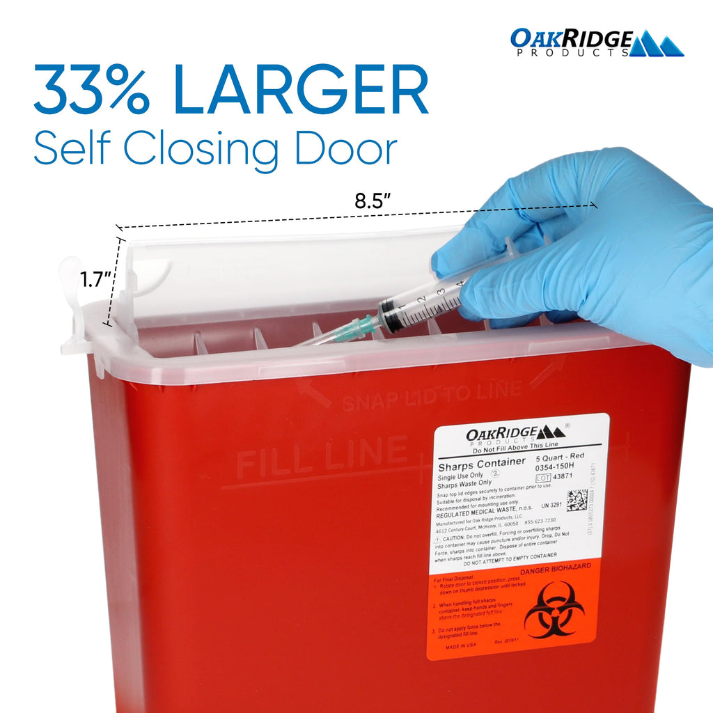 Oakridge Products Sharps Container for Home Use and Professional 5 Quart (1-Pack), Biohazard Needle and Syringe Disposal, Horizo