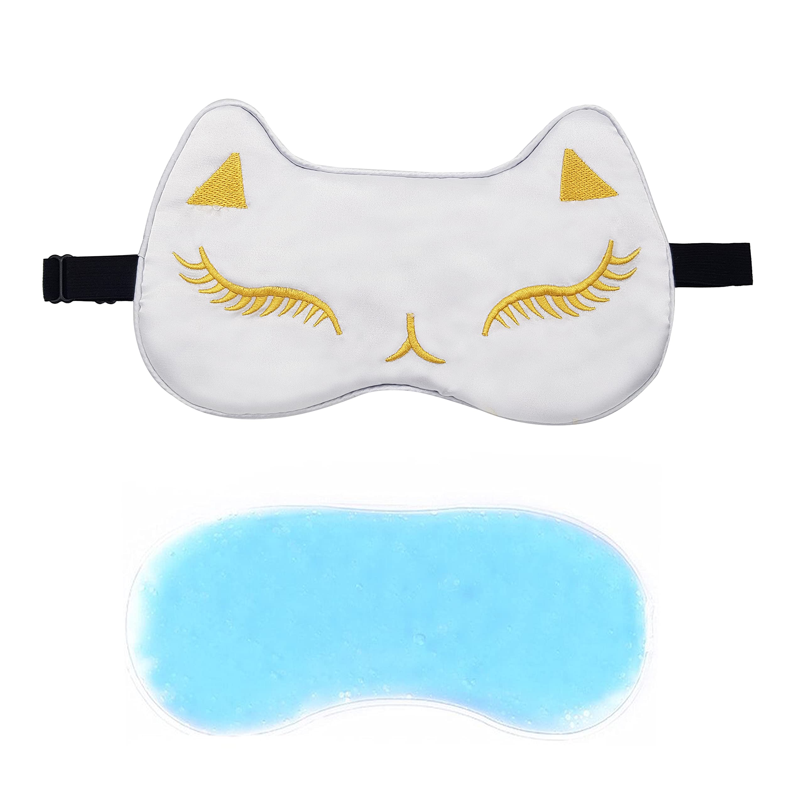 Jenna Natural Silk Kitty Design Sleep Mask Cover For Insomnia, Puffy Eyes And Dark Circles With Gel (White)