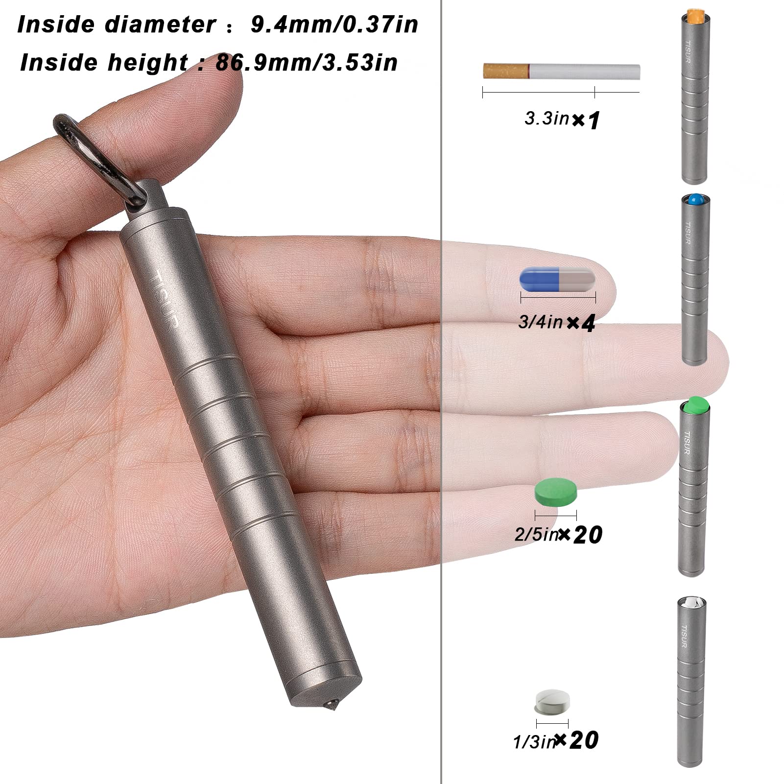 TISUR Small Travel Pill Box,Titanium Keychain Pill Holder Pill Case,Vitamin Organizer Metal Storage Pill Bottle Tube Container M
