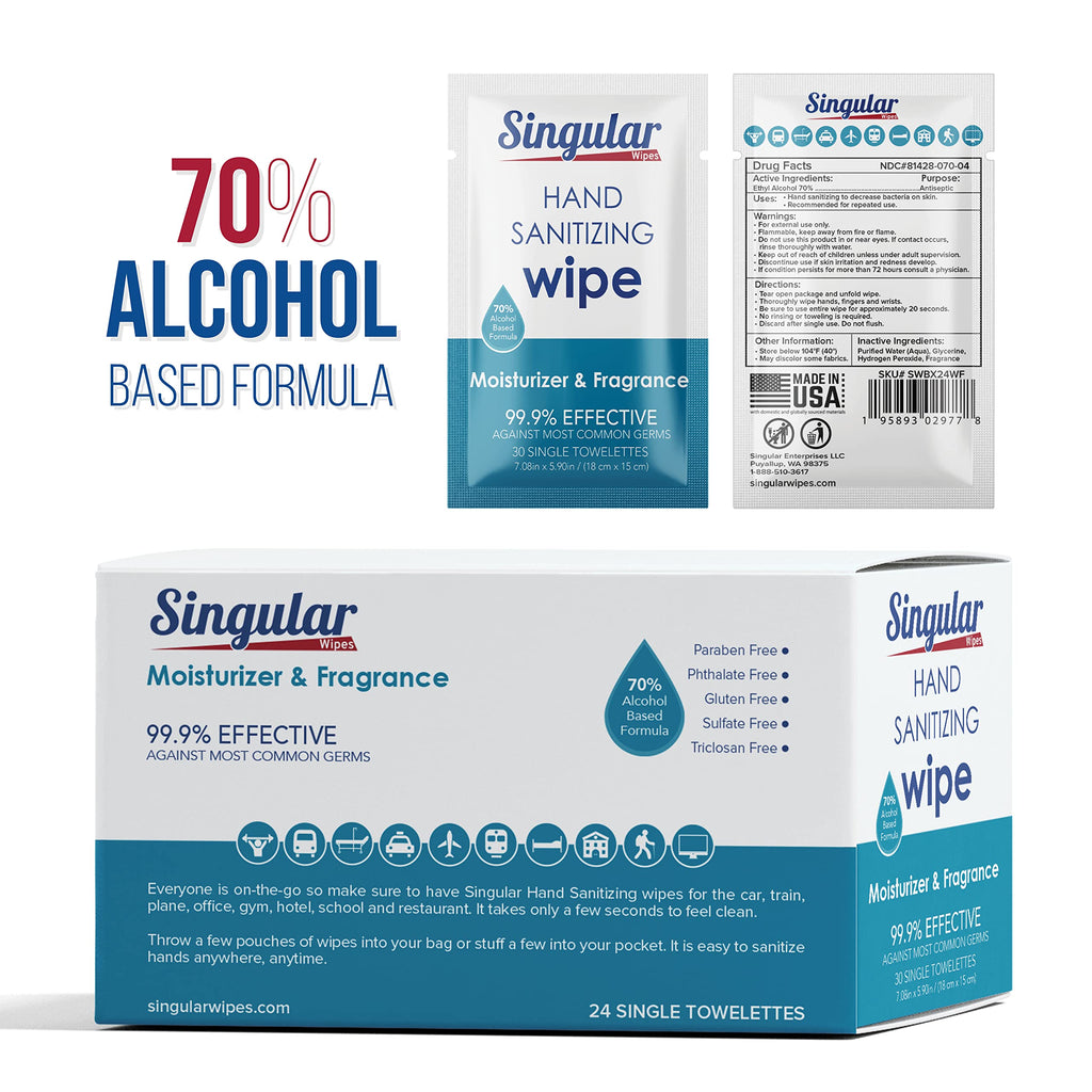Hand Sanitizing Wipes Travel Size by Singular Wipes - Hand Sanitizer Wipes Individually Wrapped with Fresh Citrus Fragrance & Mo