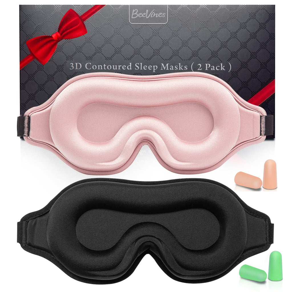 BeeVines Sleep Mask, 2 Pack 3D Contoured Sleeping Eye Masks for Lash Extensions, Night Molded Mask with Adjustable Strap, Eye Sh