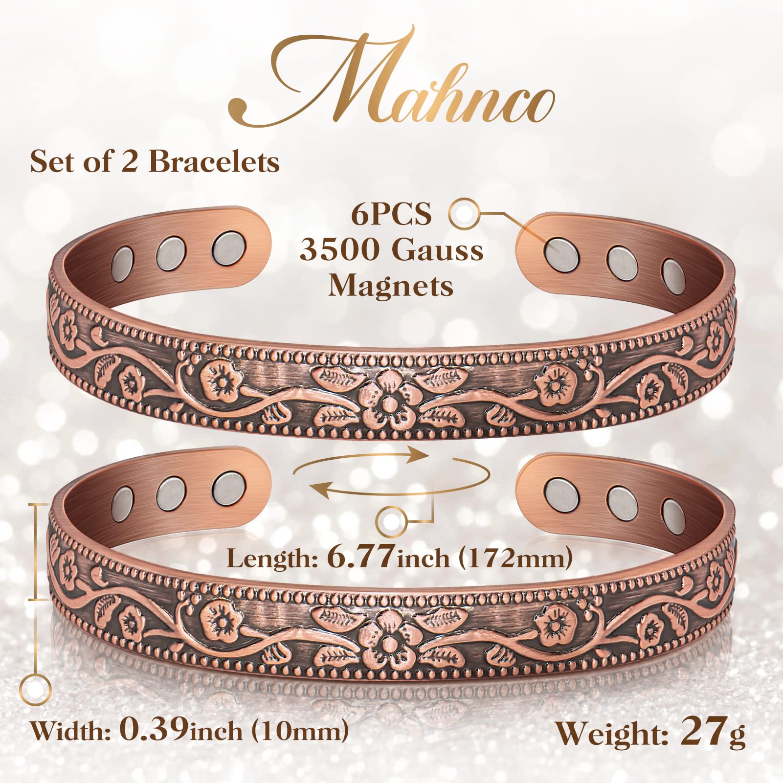 Magnetic Lymph Detox Bracelet: Copper Bracelet for Women Men, 100% Pure Copper Bracelet with 6 Magnets 3500 Gauss - Jewelry Gift