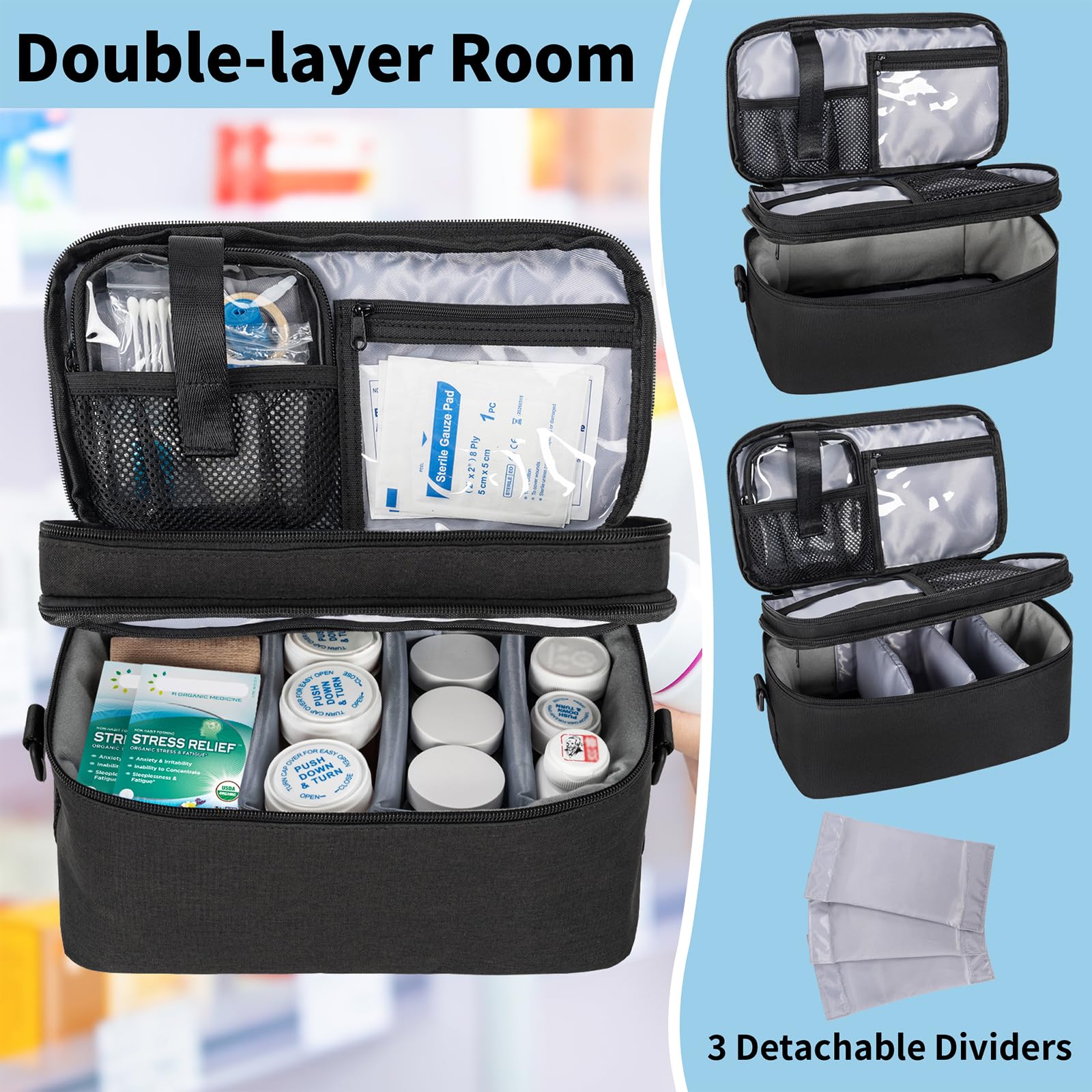 WELIDAY 2 Layers Medicine Storage Organizer Bag with Portable Pouch, Pill Bottle Organizer Case for Pills, Vitamin, Fish Oil, Lo