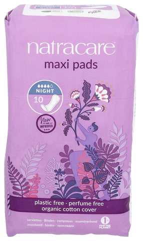 Natracare Natural Traditional Style Night Time Maxi Pads, Individually Wrapped, Without Wings in Plant-Based Bag (1 Pack, 10 Pad