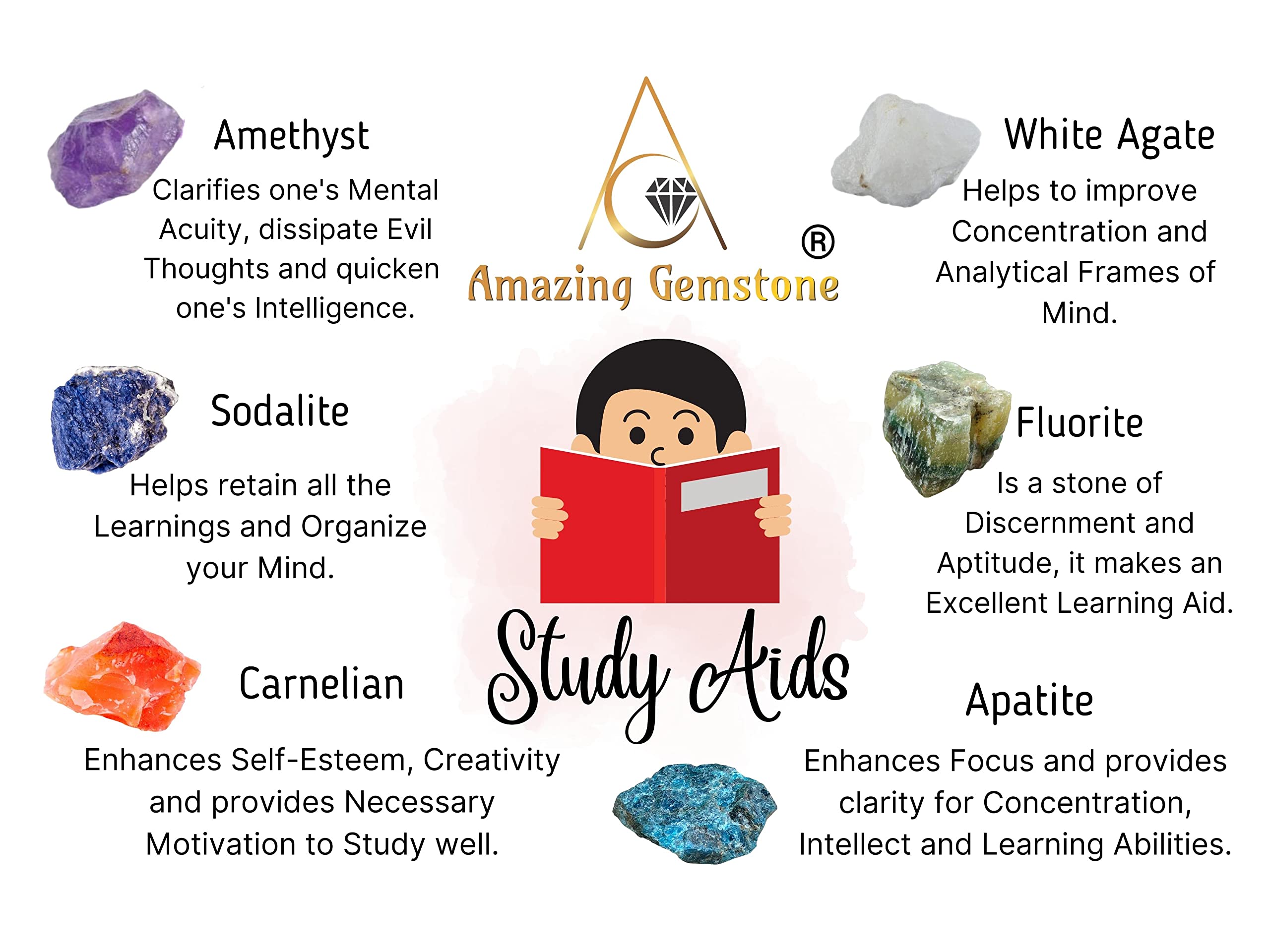 Crystals for Studying Students Success Manifestation, Set of 6 Amethyst, Sodalite, Carnelian, White Agate, Fluorite and Apatite