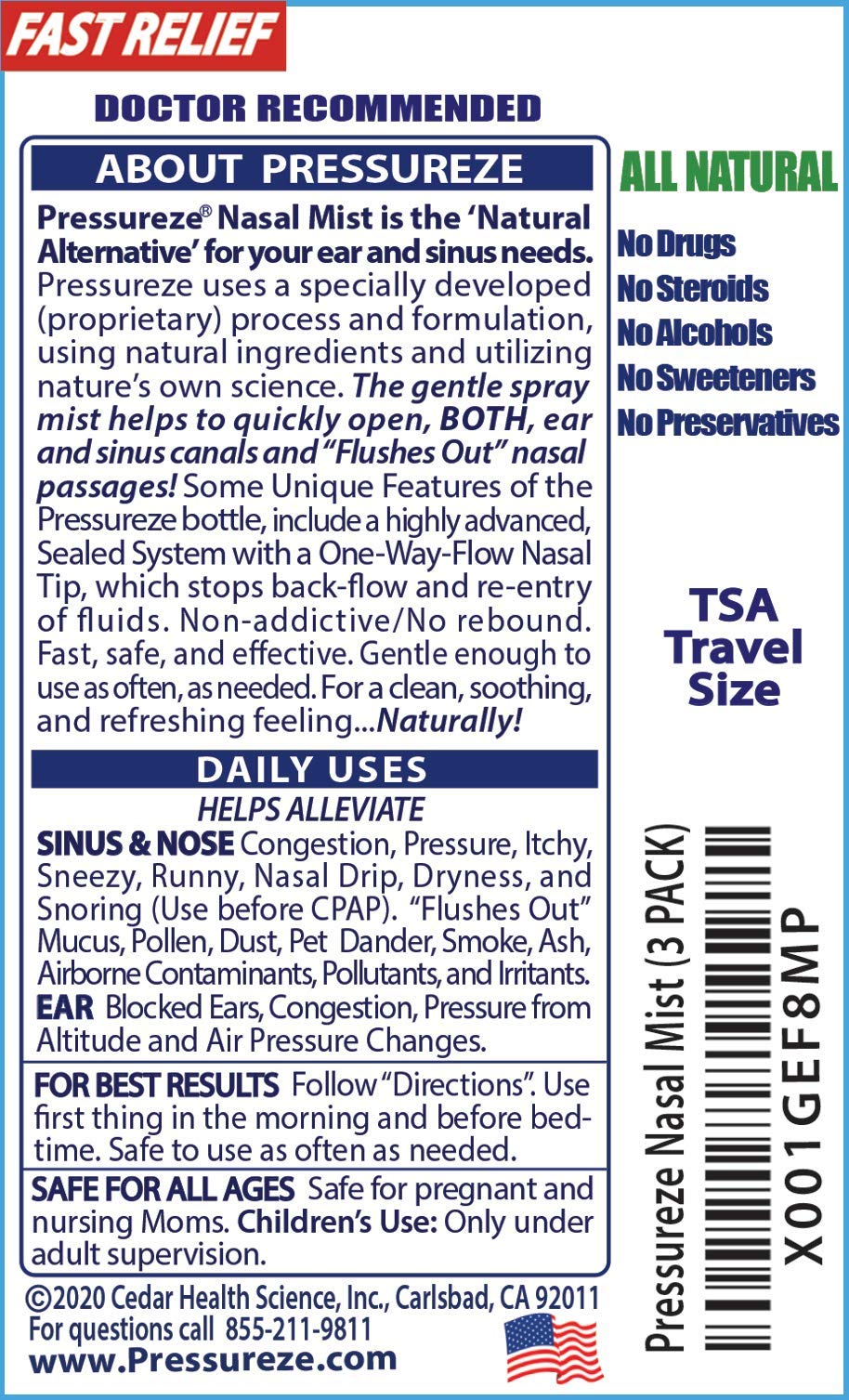 Pressureze All Natural Preservative-Free Sterile Nasal Spray - Fast Relief Nasal Spray - for Sinus Allergies, Loud Snoring & Con