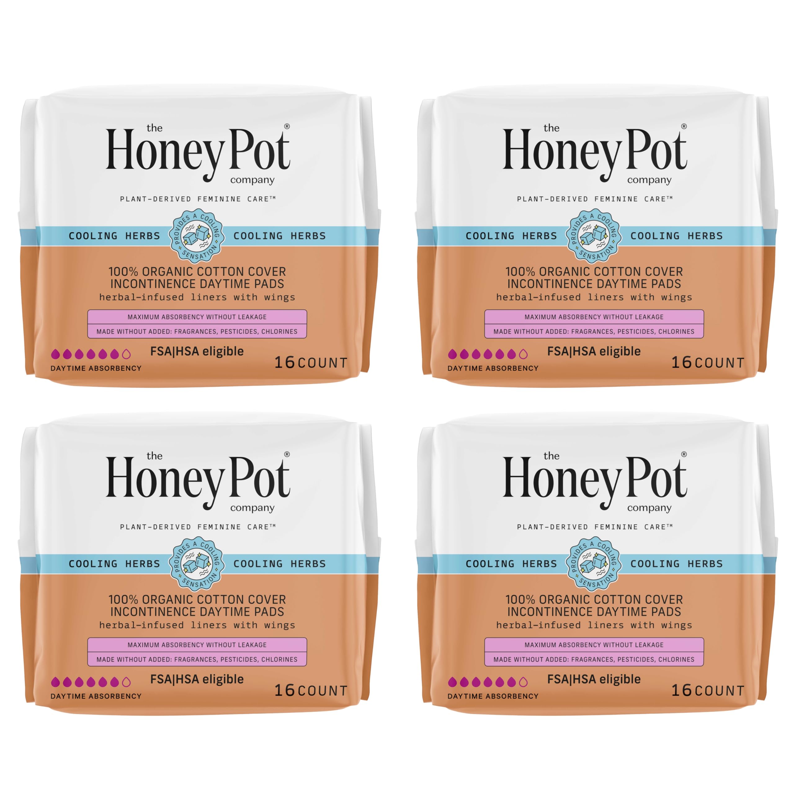 The Honey Pot Company - 64ct - Herbal Pads for Women - Organic Incontinence Daytime w/Wings. Infused w/Essential Oils for Coolin