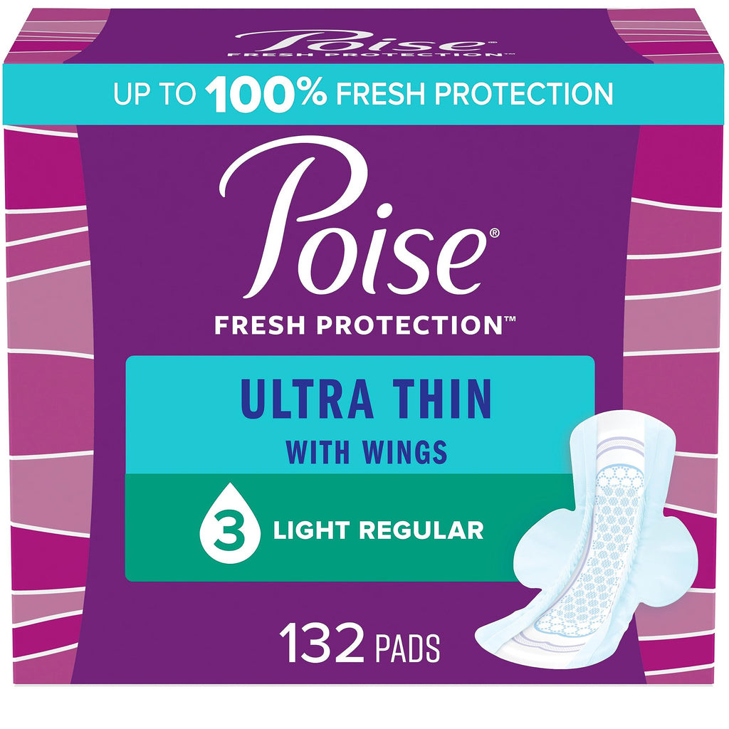 Poise Ultra Thin Incontinence Pads with Wings & Postpartum Incontinence Pads, 3 Drop Light Absorbency, Regular Length, 132 Count