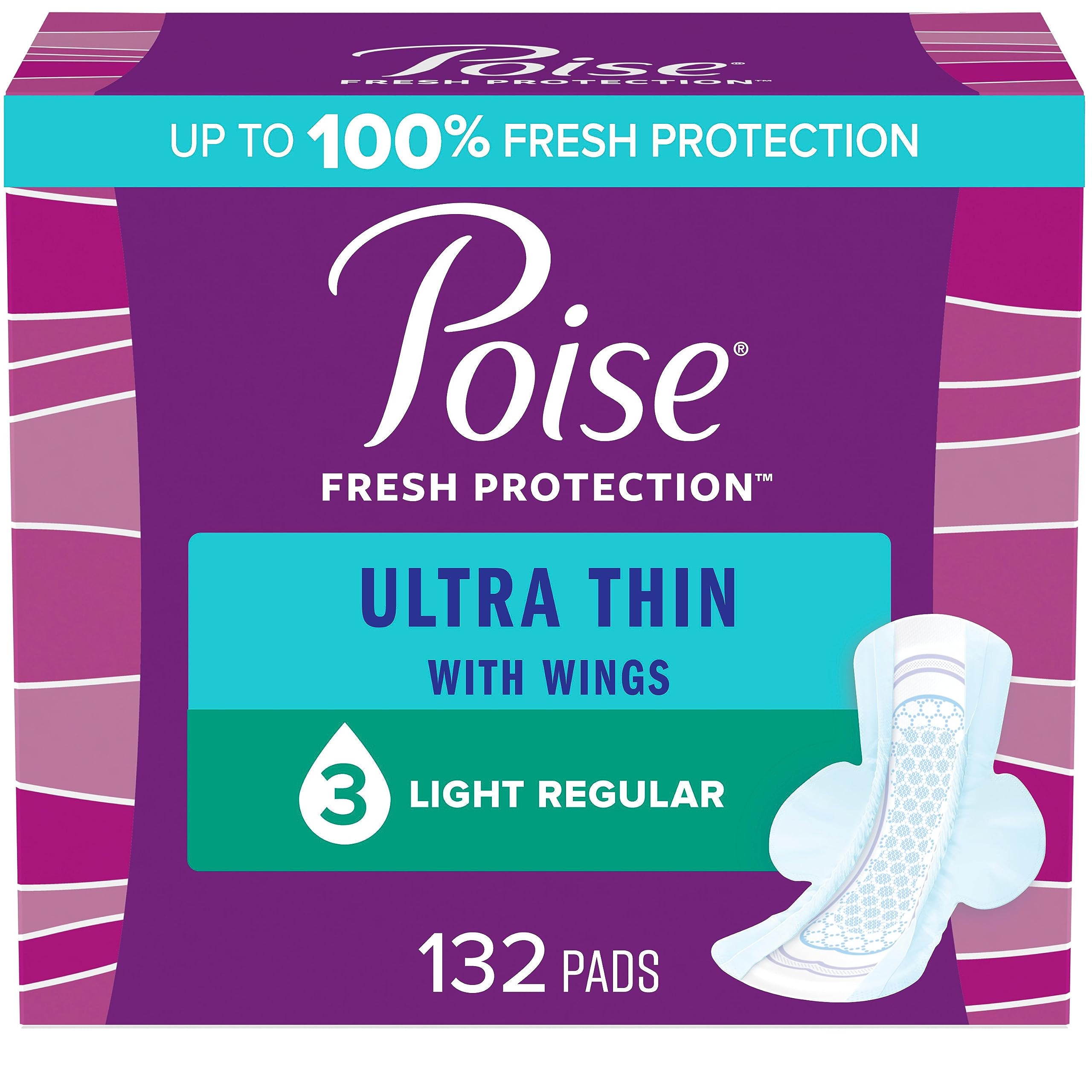 Poise Ultra Thin Incontinence Pads with Wings & Postpartum Incontinence Pads, 3 Drop Light Absorbency, Regular Length, 132 Count