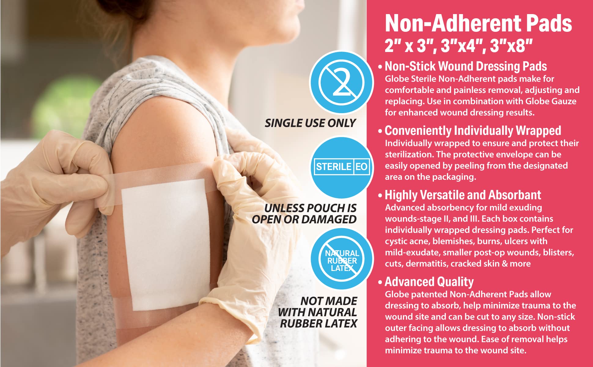 Globe Sterile Non-Adherent Pads, (100-Pack), 2    x 3    Non-Adhesive Wound Dressing. Highly Absorbent & Non-Stick, Painless Rem