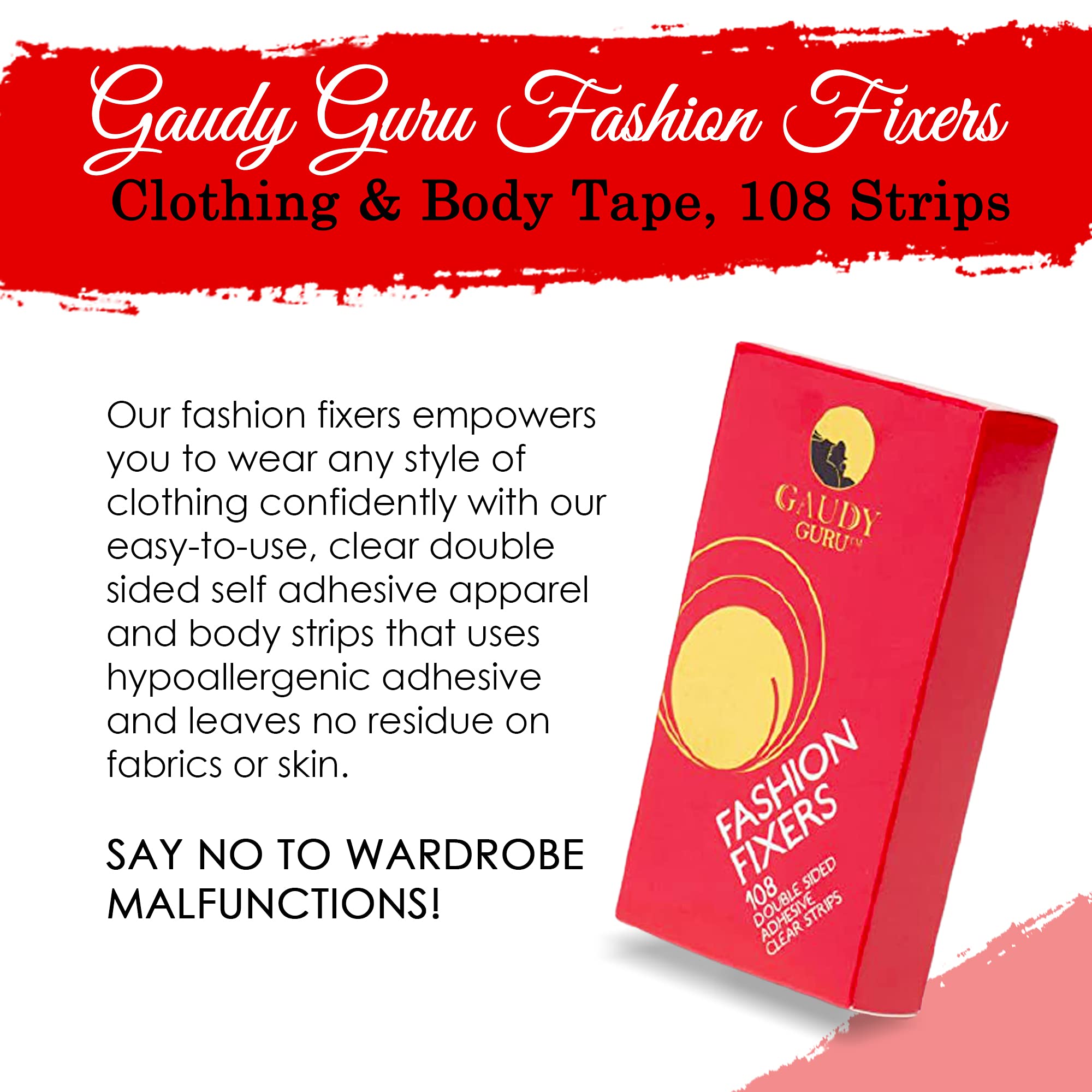 Gaudy Guru Double Sided Tape for Fashion, Clothing & Body (108 Strip Pack) | All Day Strength Tape Adhesive, Gentle on Skin & Fa