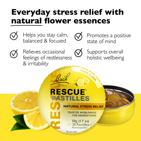 Bach RESCUE PASTILLES, Lemon Flavor, Natural Stress Relief Lozenges, Homeopathic Flower Essence, Vegetarian, Gluten & Sugar-Free