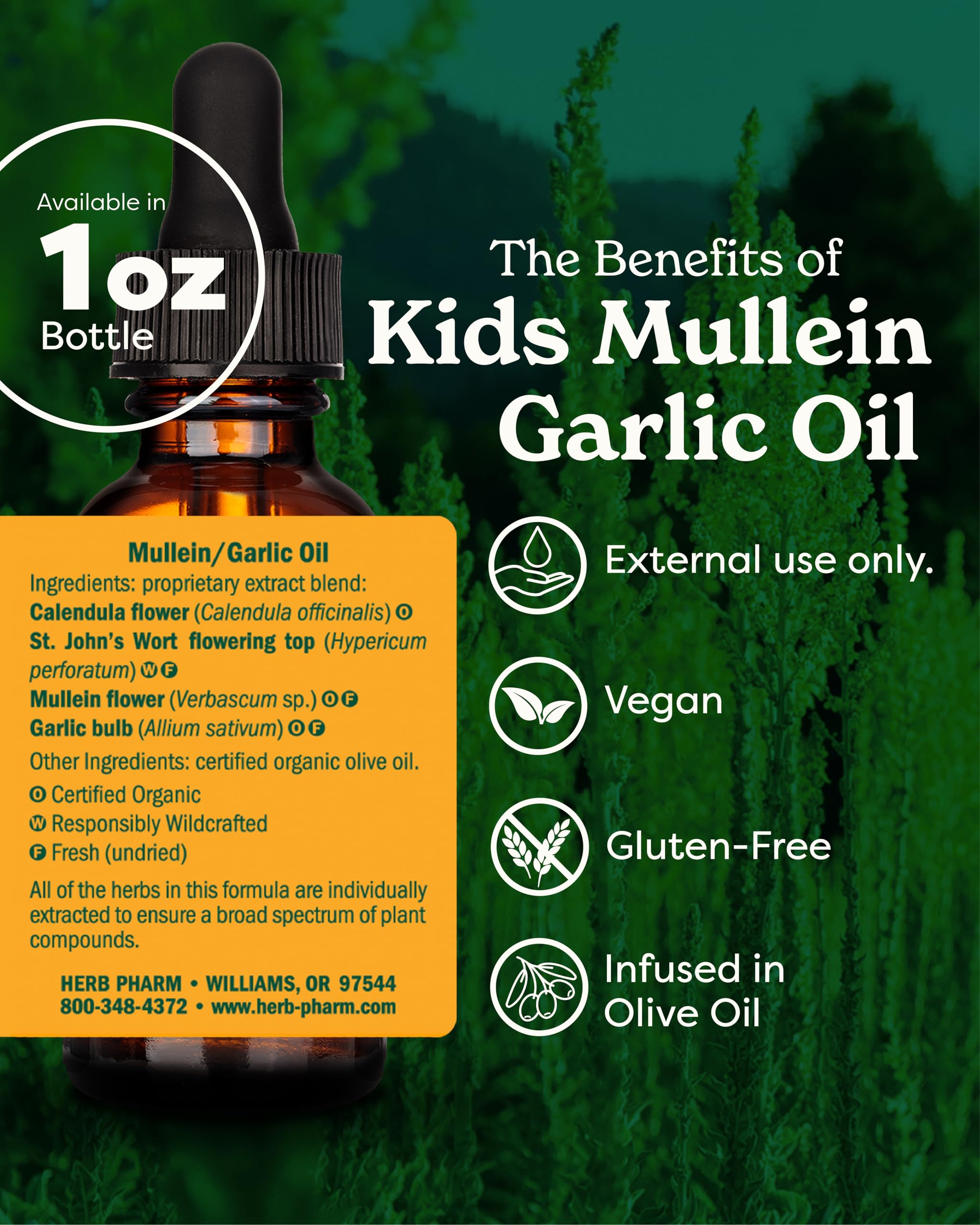 Herb Pharm Kids Mullein and Garlic Oil, 1 Fl Oz, Calendula, Garlic, Mullein, St. John's Wort, Olive Oil