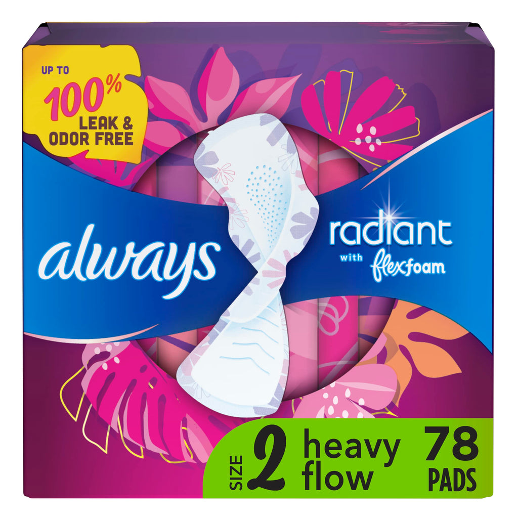 Always Radiant Feminine Pads For Women, Size 2 Heavy Flow Absorbency, Multipack, With Flexfoam, With Wings, Light Clean Scent, 2