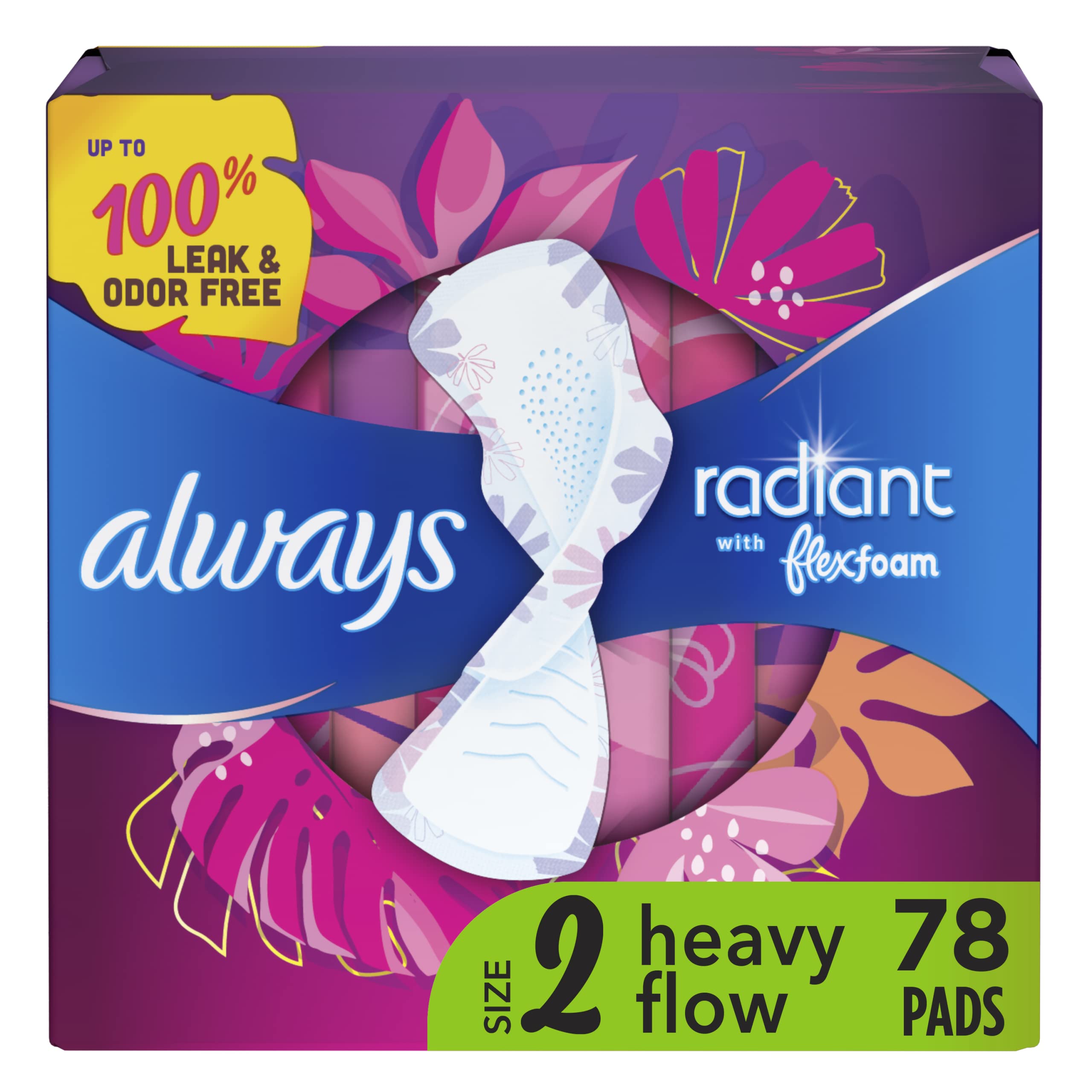 Always Radiant Feminine Pads For Women, Size 2 Heavy Flow Absorbency, Multipack, With Flexfoam, With Wings, Light Clean Scent, 2