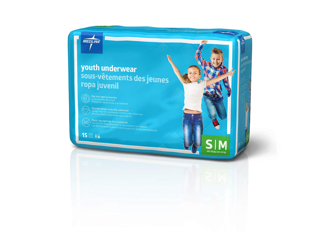 Medline Youth Disposable Protective Underwear, S/M Size for 40-70 lbs, Leakproof & Absorbent, Comfortable with Odor Control, Eas