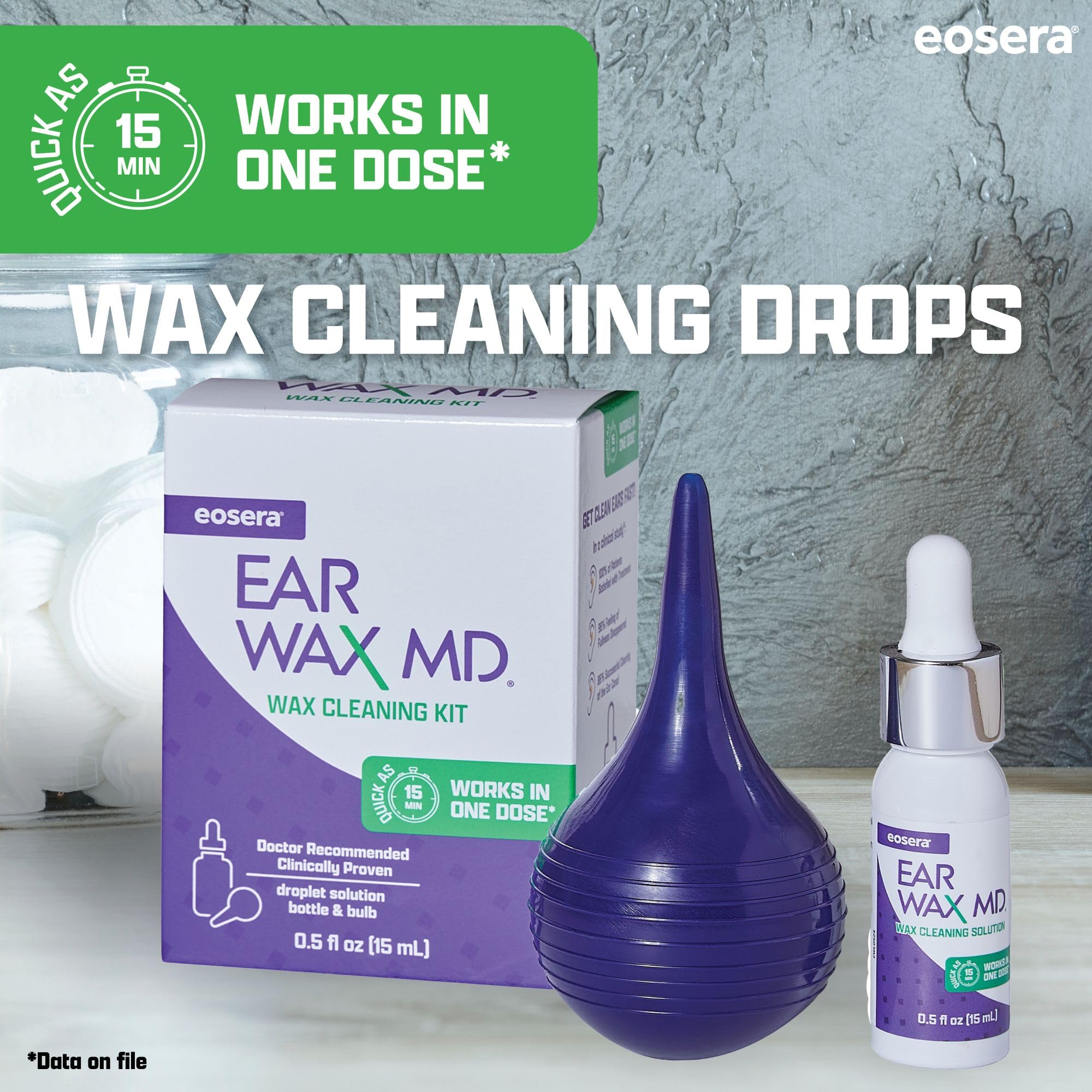 eosera EAR WAX MD Kit - Fast-Acting Ear Wax Removal Drops, 15mL and Rinsing Bulb Kit | Breaks Down & Dissolves Wax in as Little