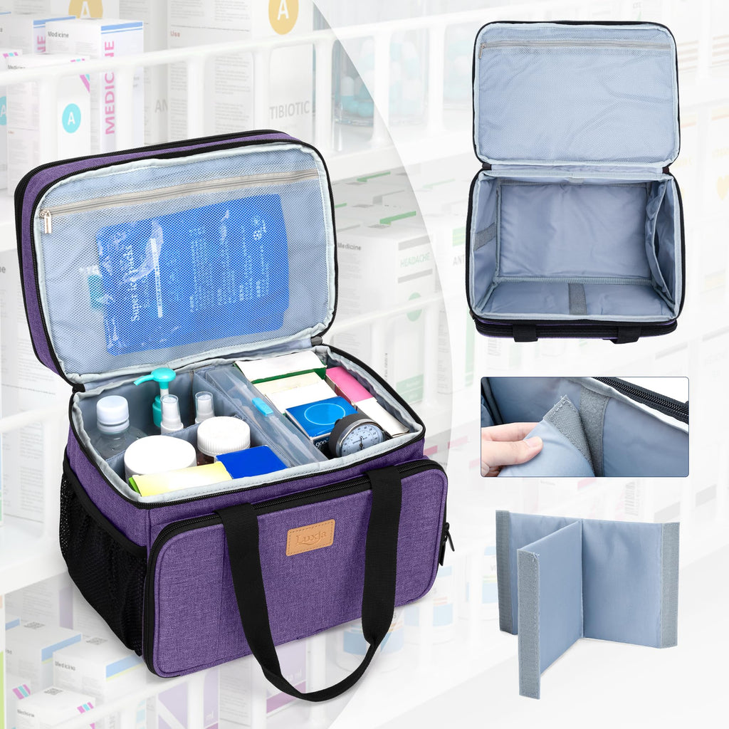 LUXJA 2 Layers Medicine Bag with Detachable Divider, Pill Bottle Organizer Suitable for Home or Travel Use, Purple