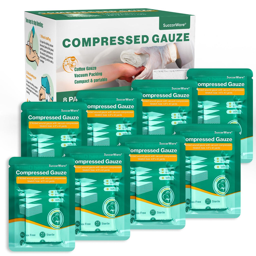 SuccorWare 8 Packs Sterile Compressed Gauze with Z-Folded - Wound Gauze for Bleed Stop, 4.5 x 4.1 Yards, 6-Ply - for First Aid K