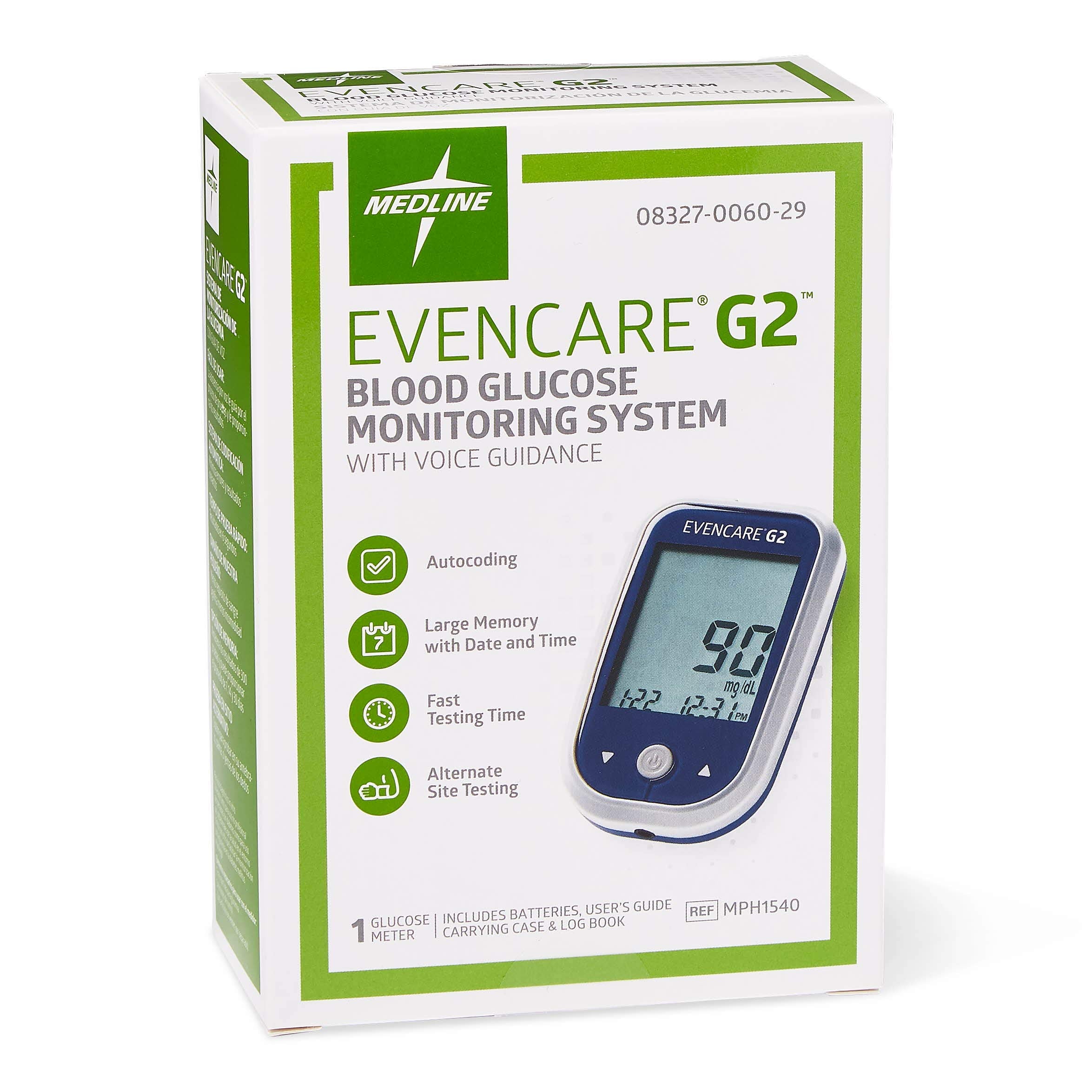 Medline EvenCare G2 Blood Glucose Monitoring Meter, Self-Testing Diabetic Care, 6 Sec Results, Batteries, Guide, Carrying Case,