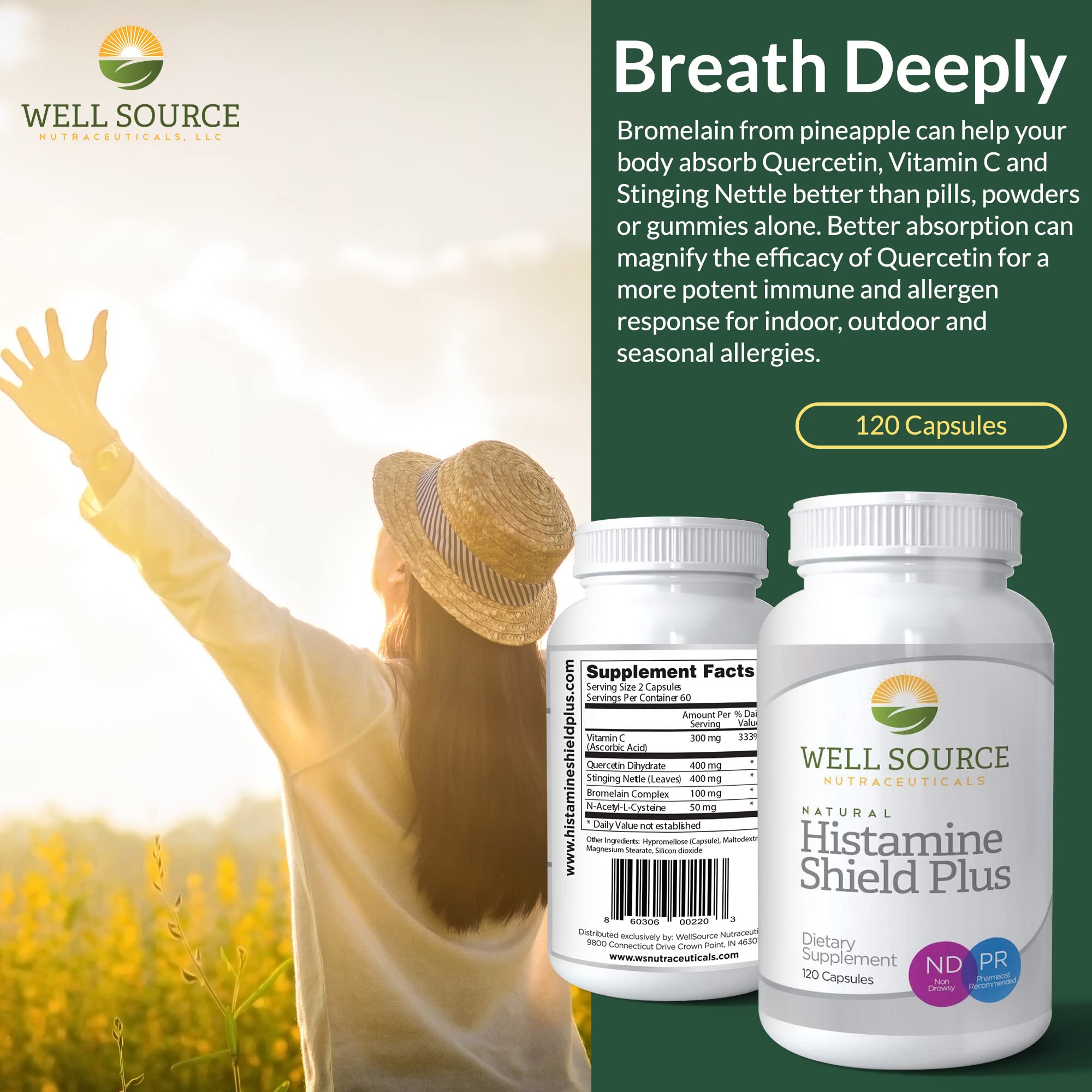 Histamine Shield Plus All Natural Antihistamine Supplement Works for Pollen, Pet Dander, Dust, Mold, and Odor Allergies. 120 Cap