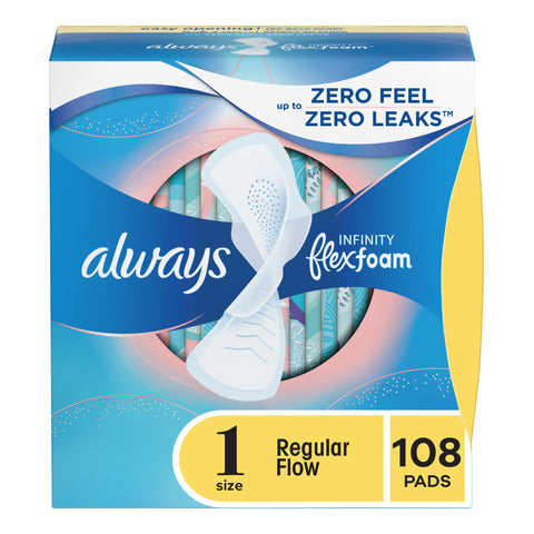 Always Infinity Feminine Pads for Women, Size 1 Regular, with Wings, unscented, 108ct