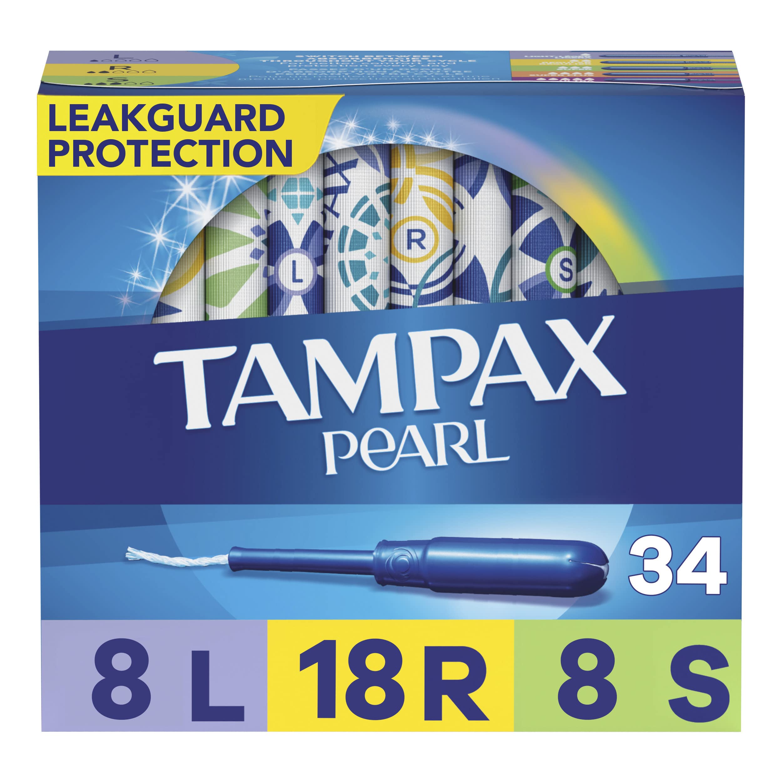 Tampax Pearl Tampons Multipack, Light/Regular/Super Absorbency, With Leakguard Braid, Unscented, 34 Count x 6 Packs (204 Count t