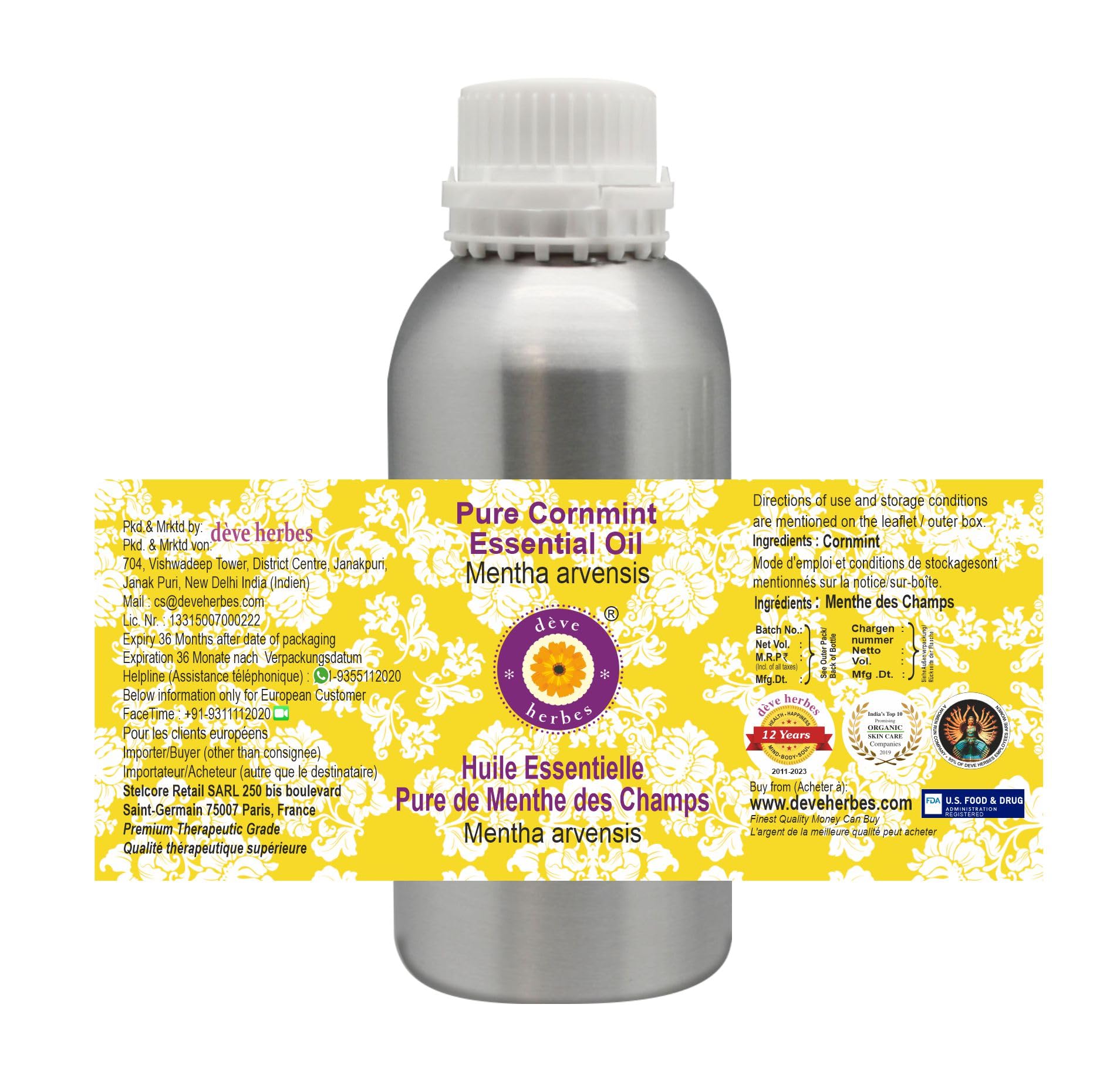 Deve Herbes Pure Cornmint Essential Oil (Mentha arvensis) Steam Distilled 300ml (10 oz)