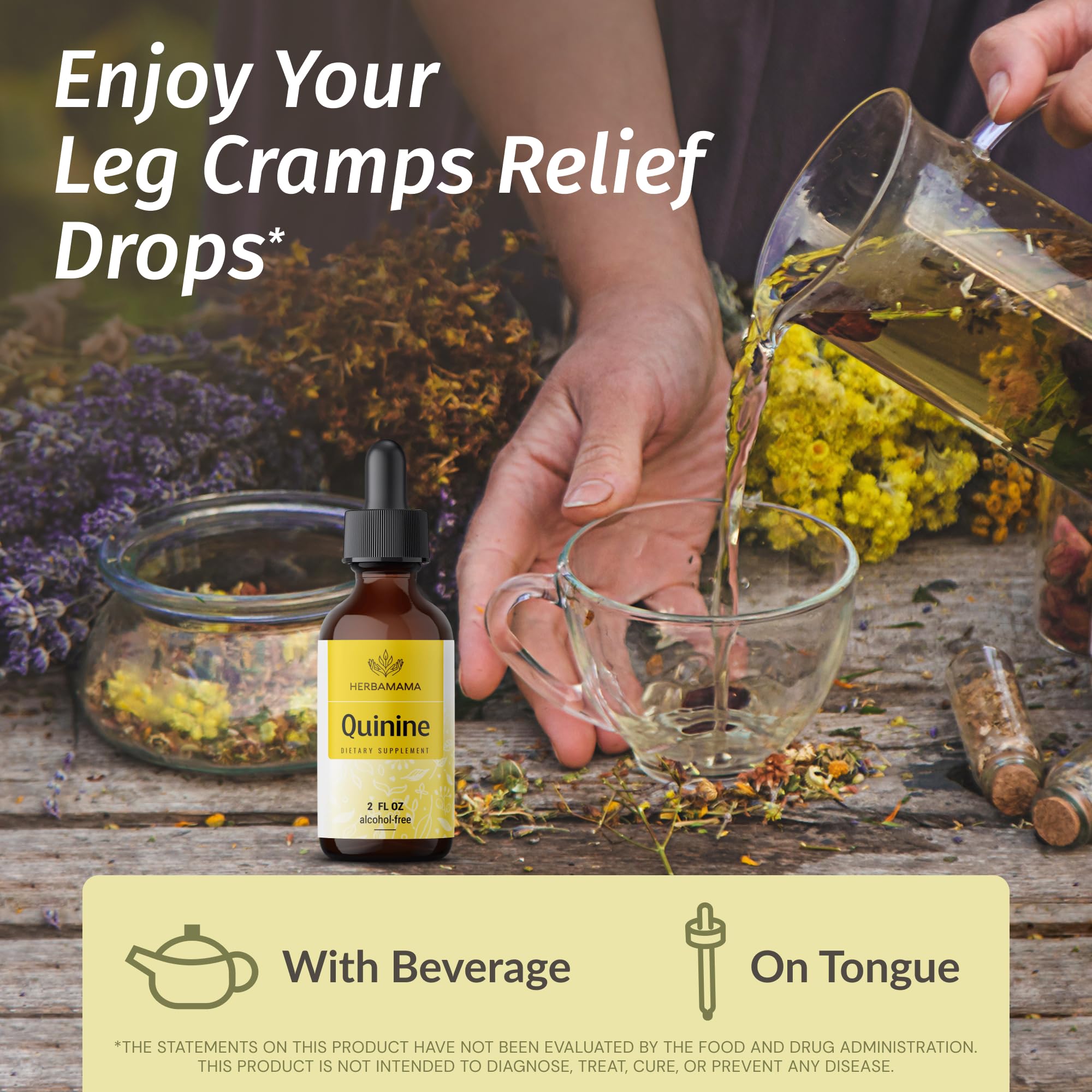 HERBAMAMA Quinine for Leg Cramps Tincture - Vegan Cinchona Bark Liquid Quinine Drops - Non-GMO, Alcohol & Sugar-Free Cramp Defen