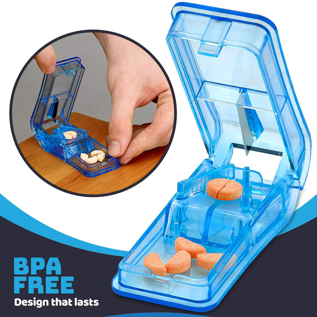 Pill Cutter - V- Grip Pill Crusher and Cutter for Vitamins, Big & Small Pills, and Medication - Transparent Pill Splitter with P