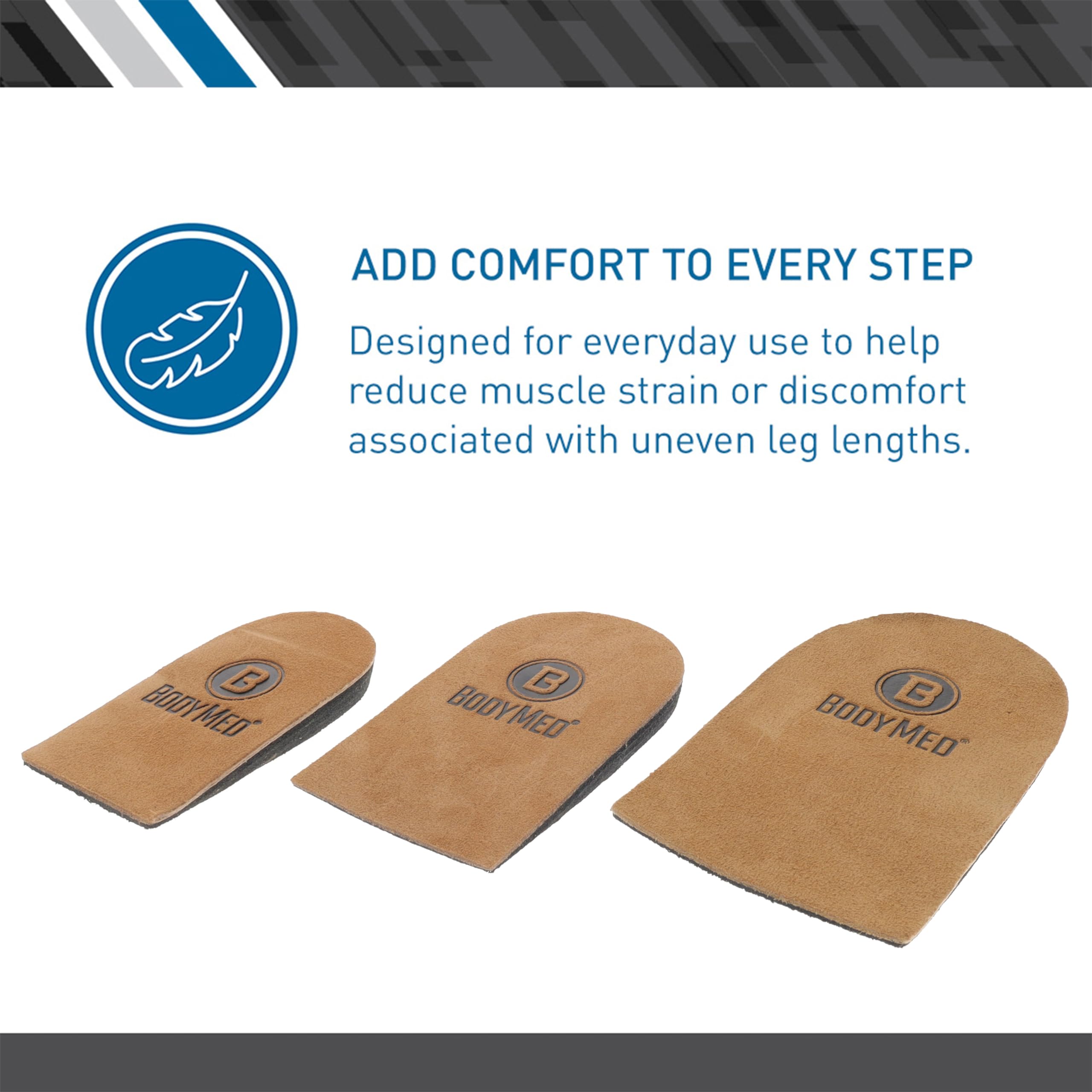 BodyMed Adjustable Heel Lift for Men and Woman, Large (1-Pack) - Non-Slip Orthopedic Insert for Leg Length Discrepancies with 3