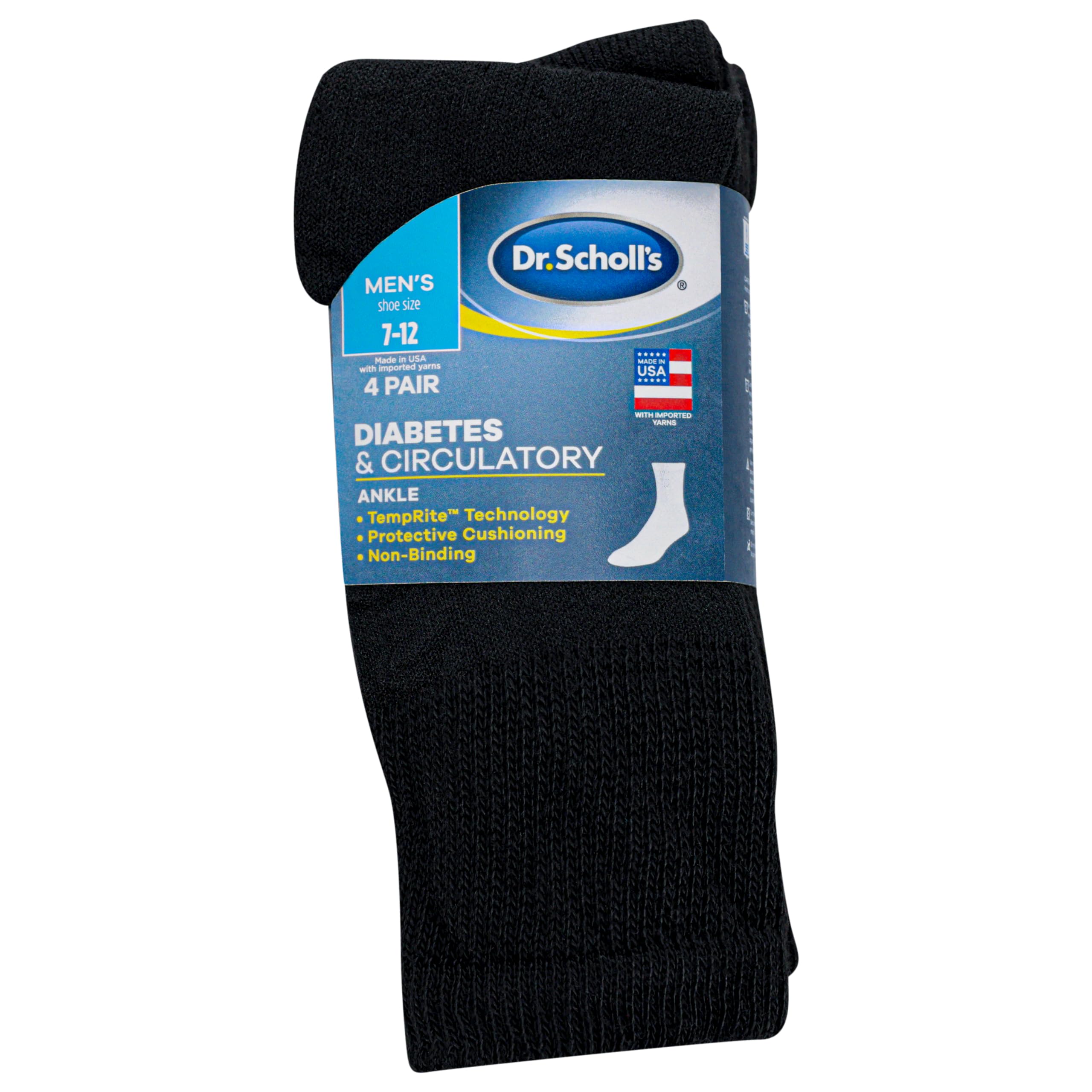 Dr. Scholl's Men's 4 Pack Diabetic and Circulatory Non Binding Ankle Casual Sock, Black, Shoe Size 7-12 US