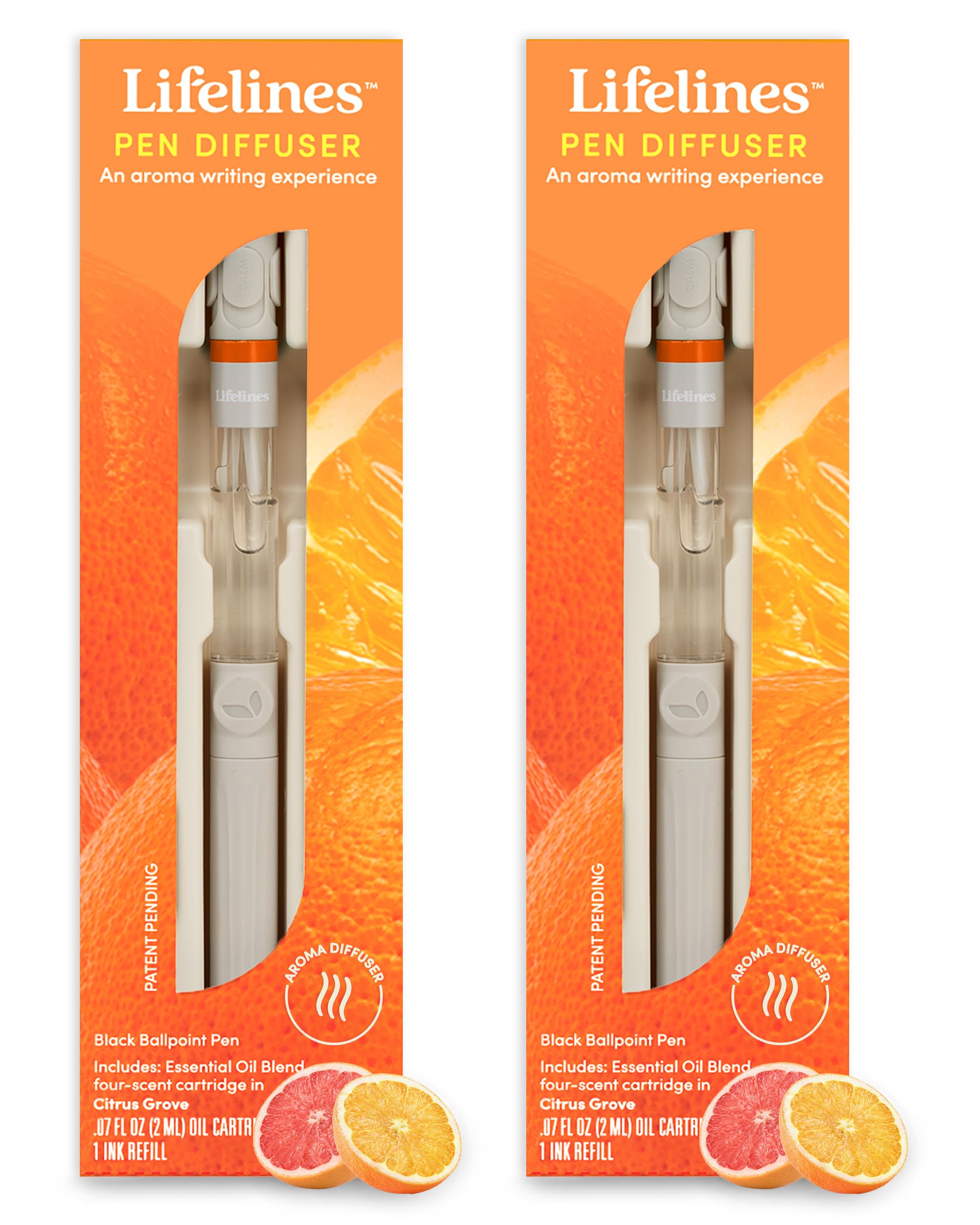 Lifelines Pen Diffuser Set, 2-Pack (Citrus Grove) - 1mm Black Ballpoint Pens with Scented Essential Oil Blends - Aromatherapy Di