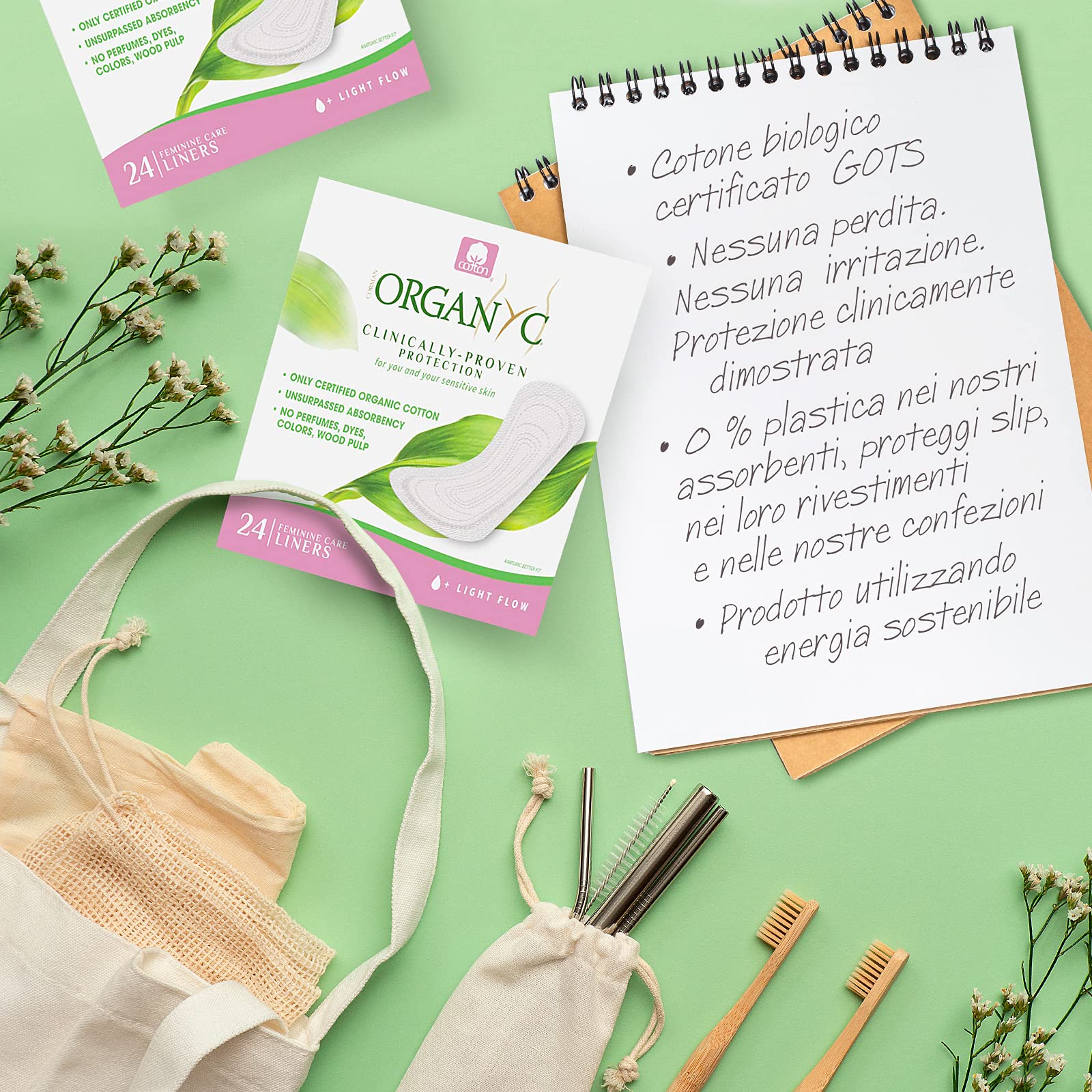 Organyc 100% Certified Organic Cotton Everyday Panty Liner, Folded, Light Flow, 24 Count, 1-Pack