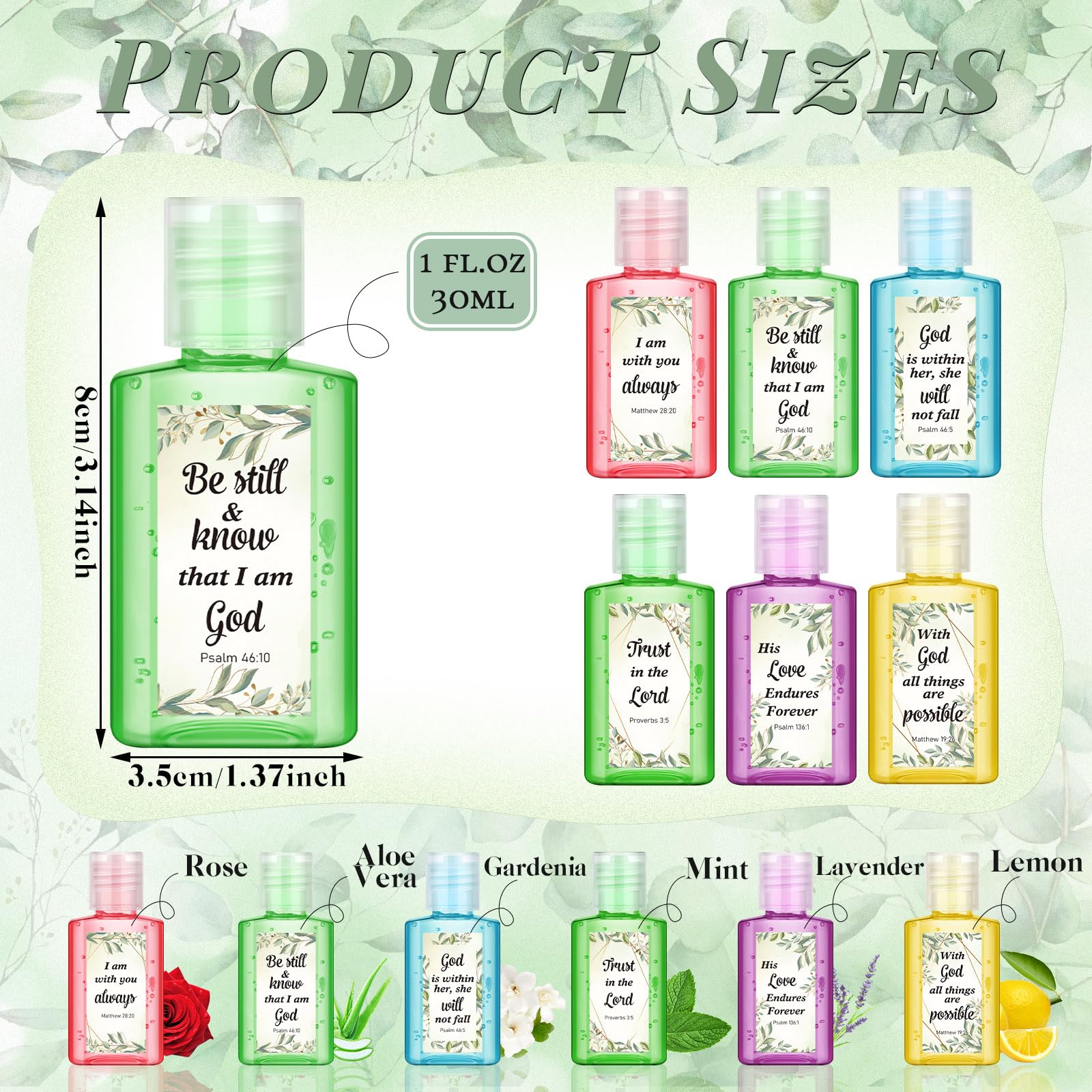 Gejoy 48 Pack Eucalyptus Leaf Christian Hand Sanitizer Bulk Bible Verse Mini Hand Sanitizer Travel Size Religious Gift Christian