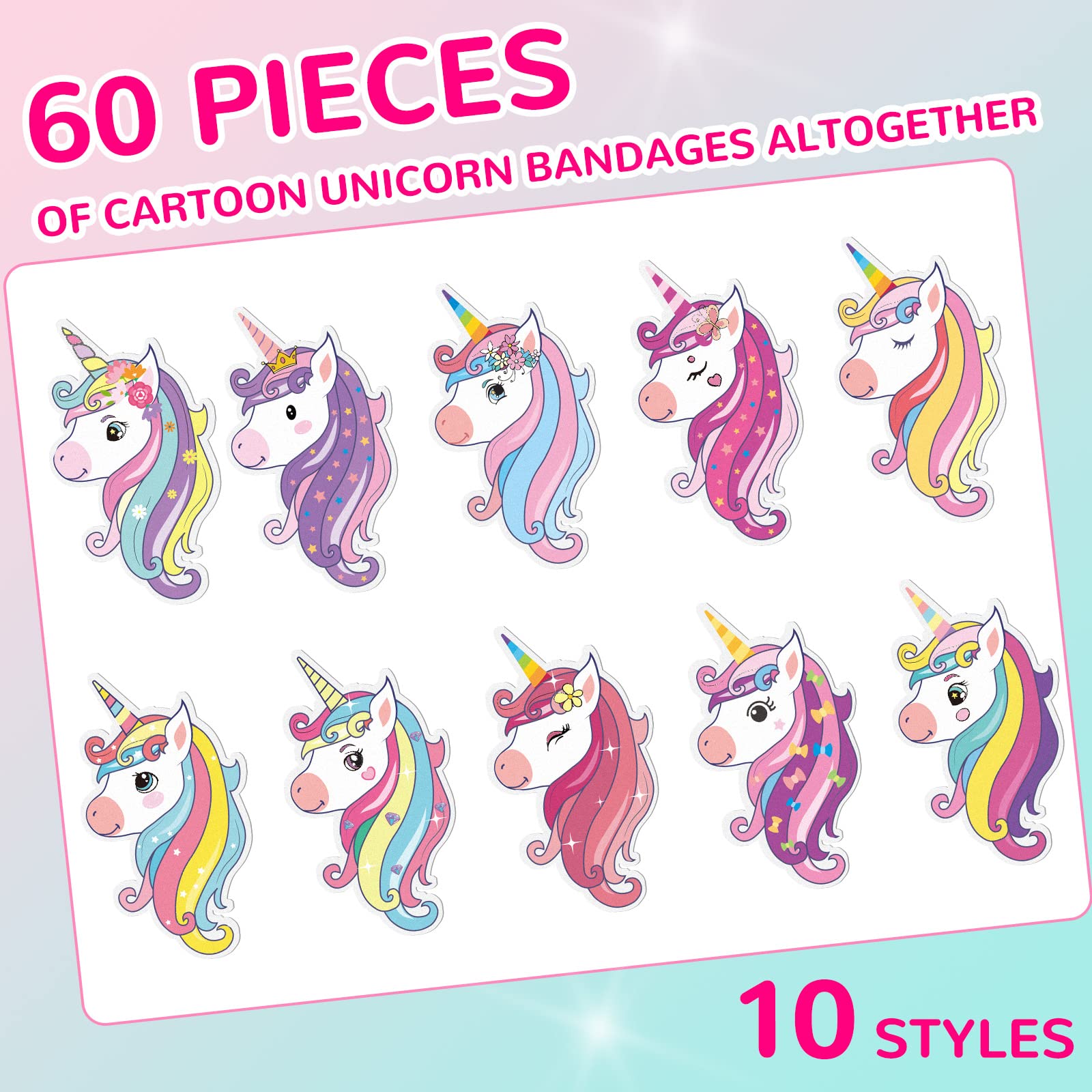 60 Pcs 10 Styles Unicorn Kids Bandages Kawaii Cute Cartoon Unicorn Colorful Funny Protection Care Adhesive Bandages for Toddlers