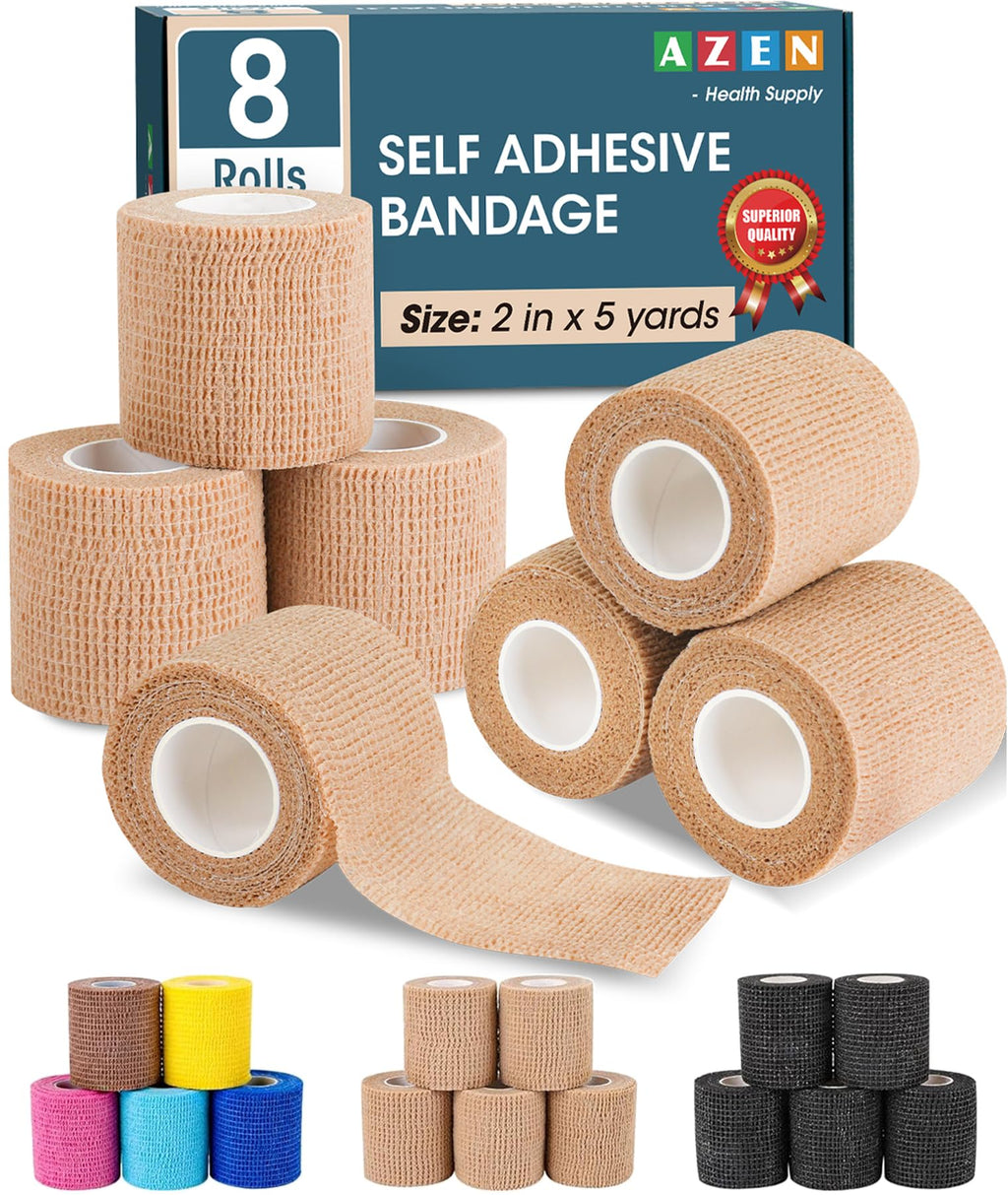 AZEN 8 Pack Self Adhesive Bandage Wrap, 2 X 5 Yards Elastic Cohesive Bandage Wrap, Skin Color Athletic Tape, Vet Wrap, Ankle Tap