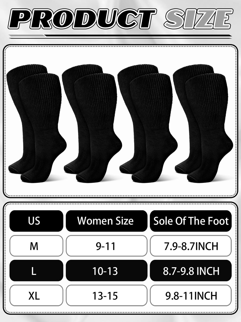 Bunnycool 4 Pairs Extra Wide Socks Swollen 30 Lymphedema Bariatric Socks Non Binding Loose Fit(10-13,Black Color)